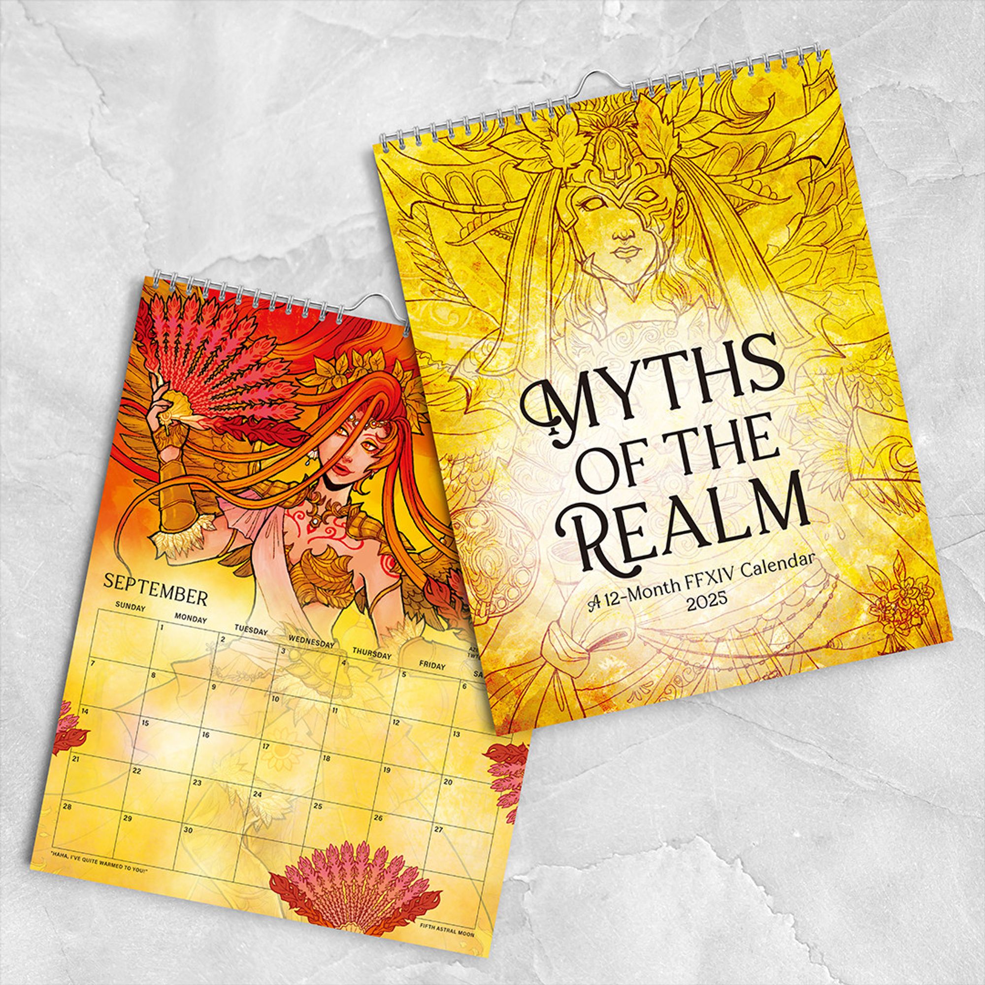 The cover of the calendar with the title, "Myths of the Realm", and the page for September showing Azeyma. The background is white marble.