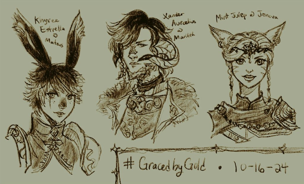 Three bust drawings of player characters in FFXIV