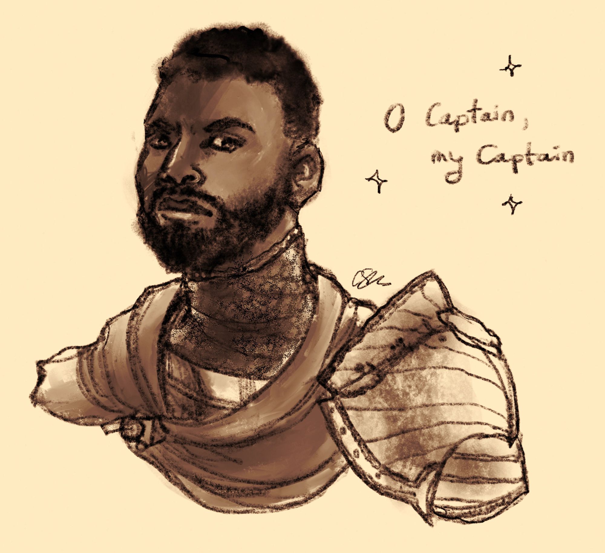 A sepia-toned bust-up drawing of Captain Brant from Dragon's Dogma 2. He looks serious, with one eyebrow slightly raised. The text "O Captain, my Captain" hovers next to his head.