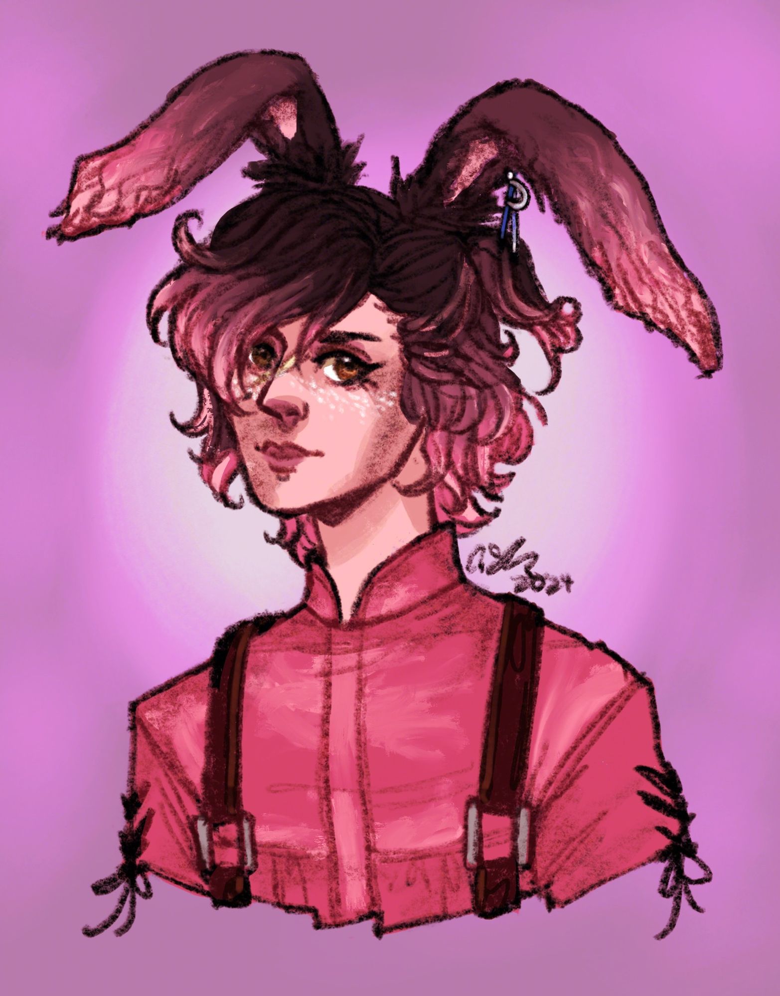 Colored chest-up drawing of a male viera from FFXIV, looking pensively out at the viewer. They are wearing a coral colored shirt with overalls. They have golden eyes, light skin with white freckles and a scar cutting diagonally across the nose. Their hair is curly and hangs slightly past the chin, and is a dark brown to light pink gradient. The ears are lopped (folded down) and match the gradient of the hair. The background is a soft lavender with a lighter "halo" behind the viera.