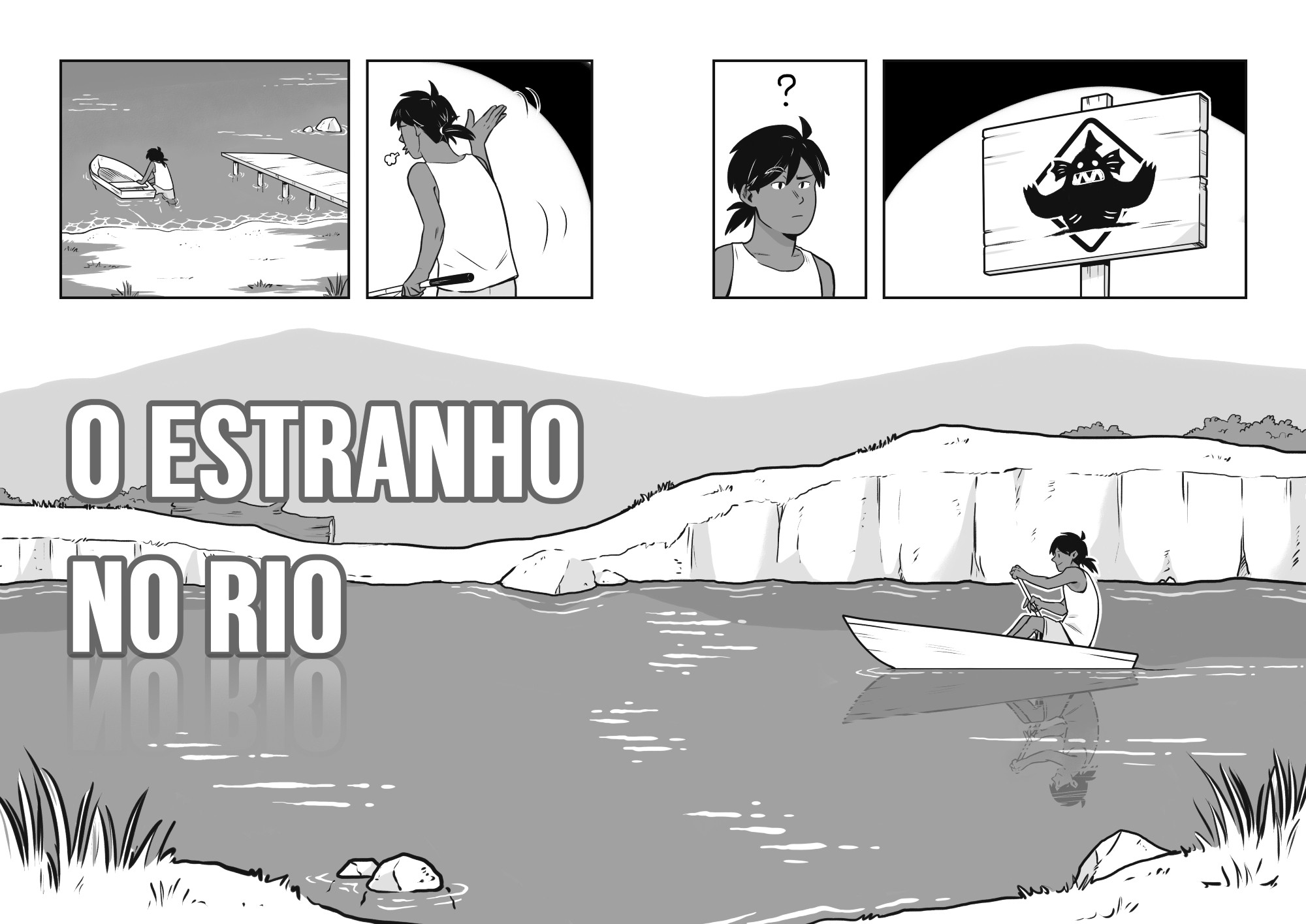 A placa mostra uma criatura aquática com os braços e boca abertos, rodeado por um losango que indica atenção. O menino parece confuso mas logo ignora a placa, pegando um barquinho e navegando rio abaixo. O título "O estranho no rio" aparece como se flutuasse no cenário, sendo levemente refletido na água.