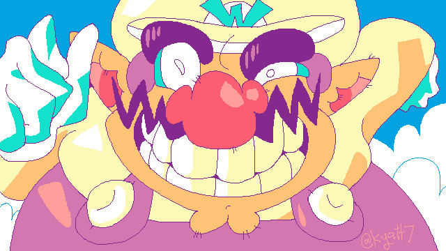 waist-up drawing of Wario pumping his arms and smiling