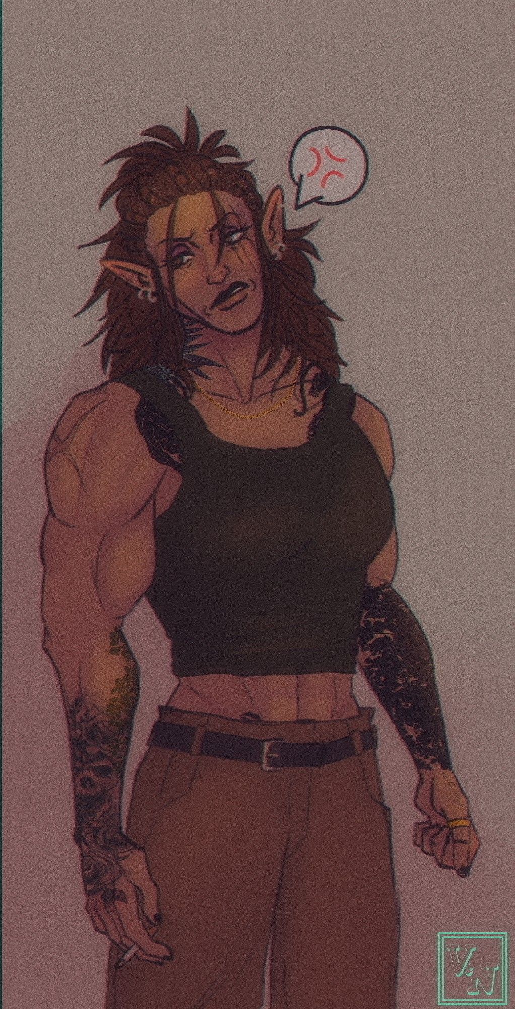 jaheira from baldur's gate series. She is standing, a cigarette in her right hand. Her head is slightly cocked as she wears an annoyed expression. She is wearing a slightly cropped tank top, showing off muscular arms and midsection. She has various floral tattoos on her forarms, as well as tattoos of panthers on either side of her chest.