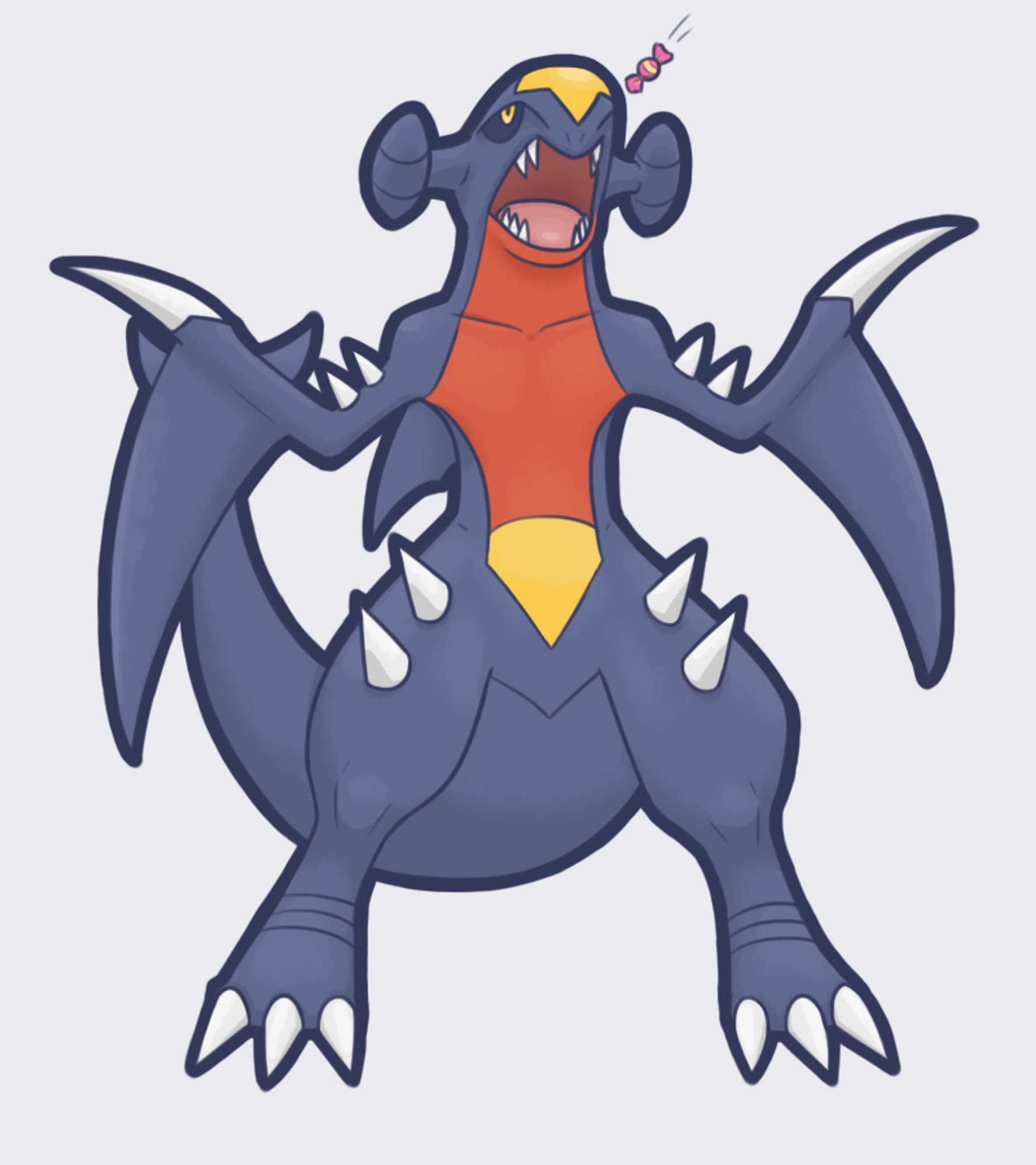 The pokemon Garchomp standing in the void in an imposing manner, but really it is just receiving a treat.