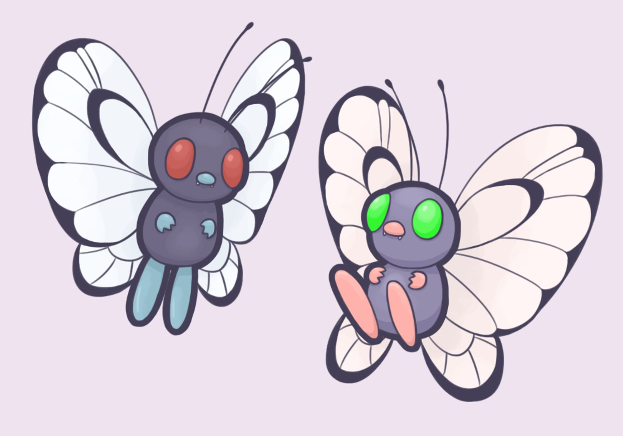 Two pokemon, one regular and one shiny Butterfree just floating in the void.