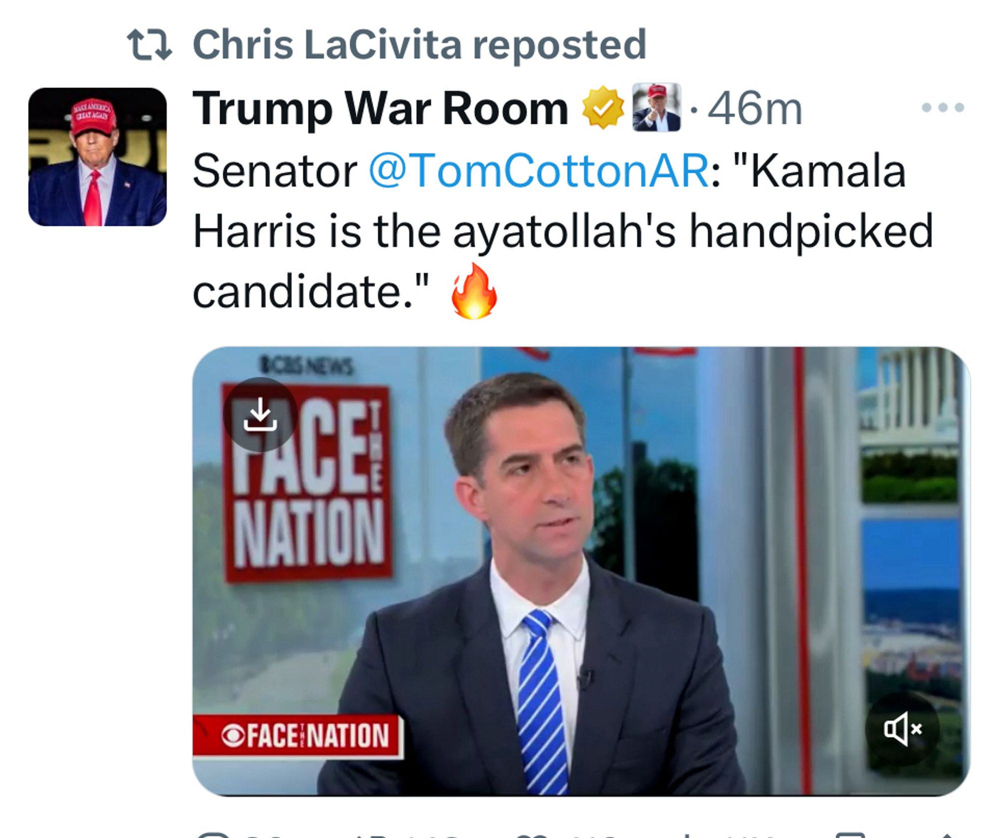 Tweet from the Trump campaign, retweeted by Trump campaign manager, of Sen Tom Cotton on Face The Nation calling Harris “the ayatollah’s handpicked candidate”