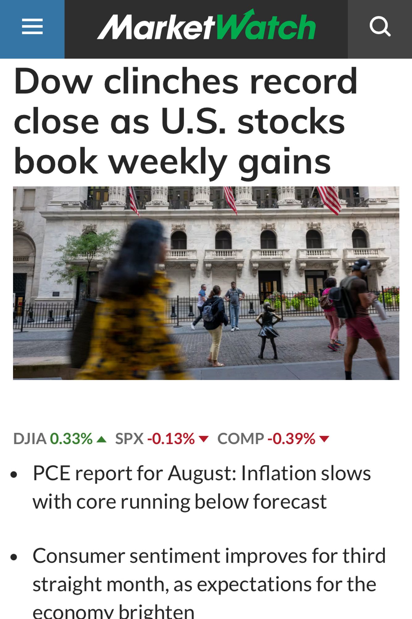 MarketWatch headlines: record Dow; inflation slows: consumer sentiment improves