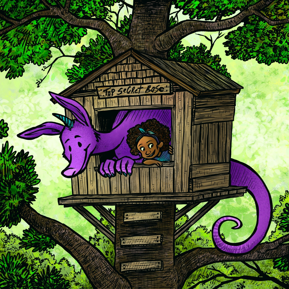 Girl and a unicorn-aardvark-dragon in a treehouse