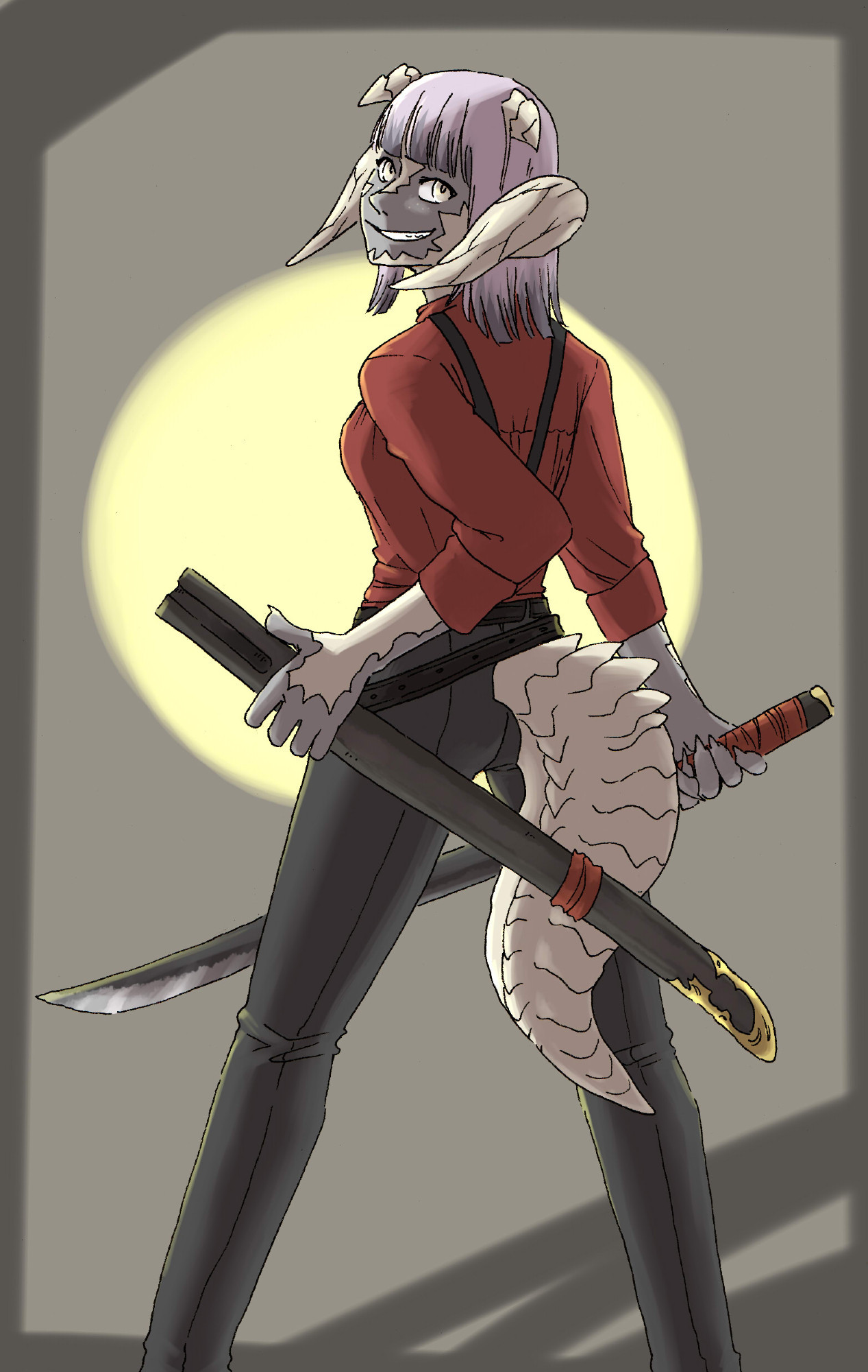 A nearly fullbody drawing of an au ra, wearing red shirt, suspenders and black pants. She's also holding a sword, while glancing towards the viewer and smirking.