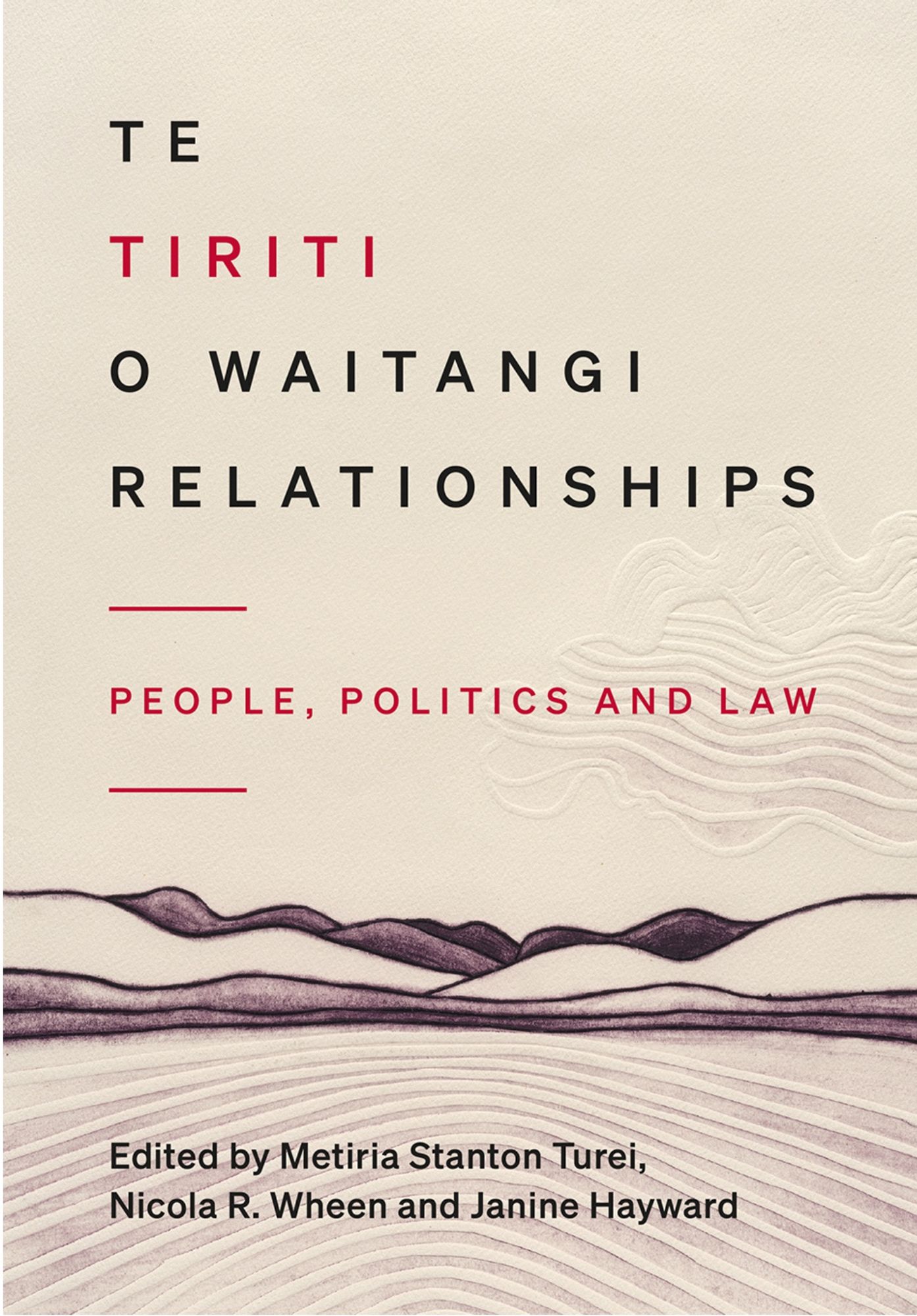 Front cover for upcoming book on Treaty relationships in Aotearoa NZ.  Lithograph drawing with hills, & clouds invoking Māori motifs