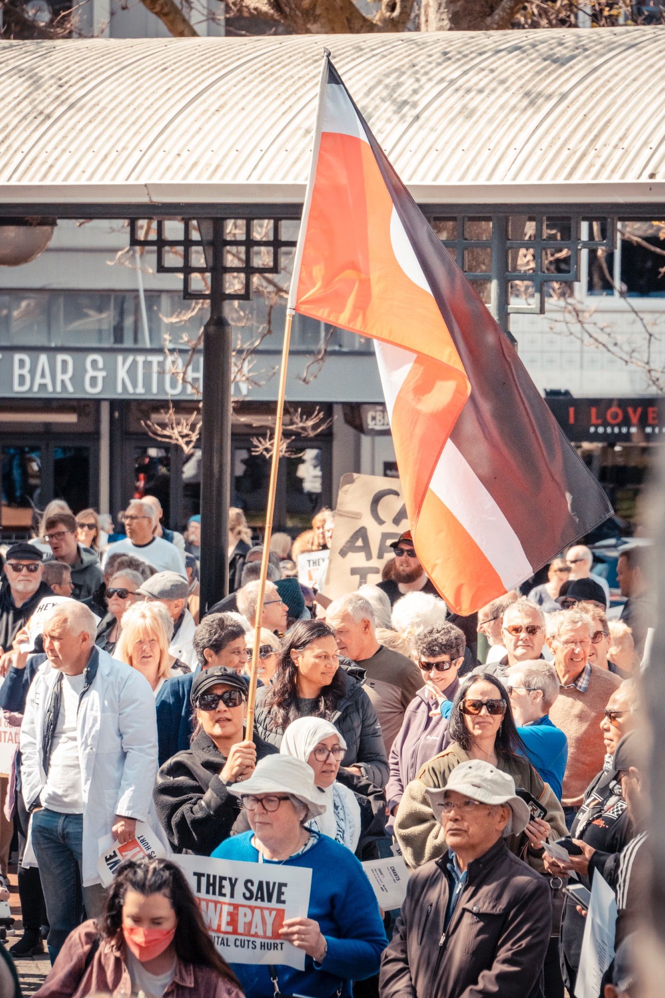 Tino Rangatiratanga flag & protestors