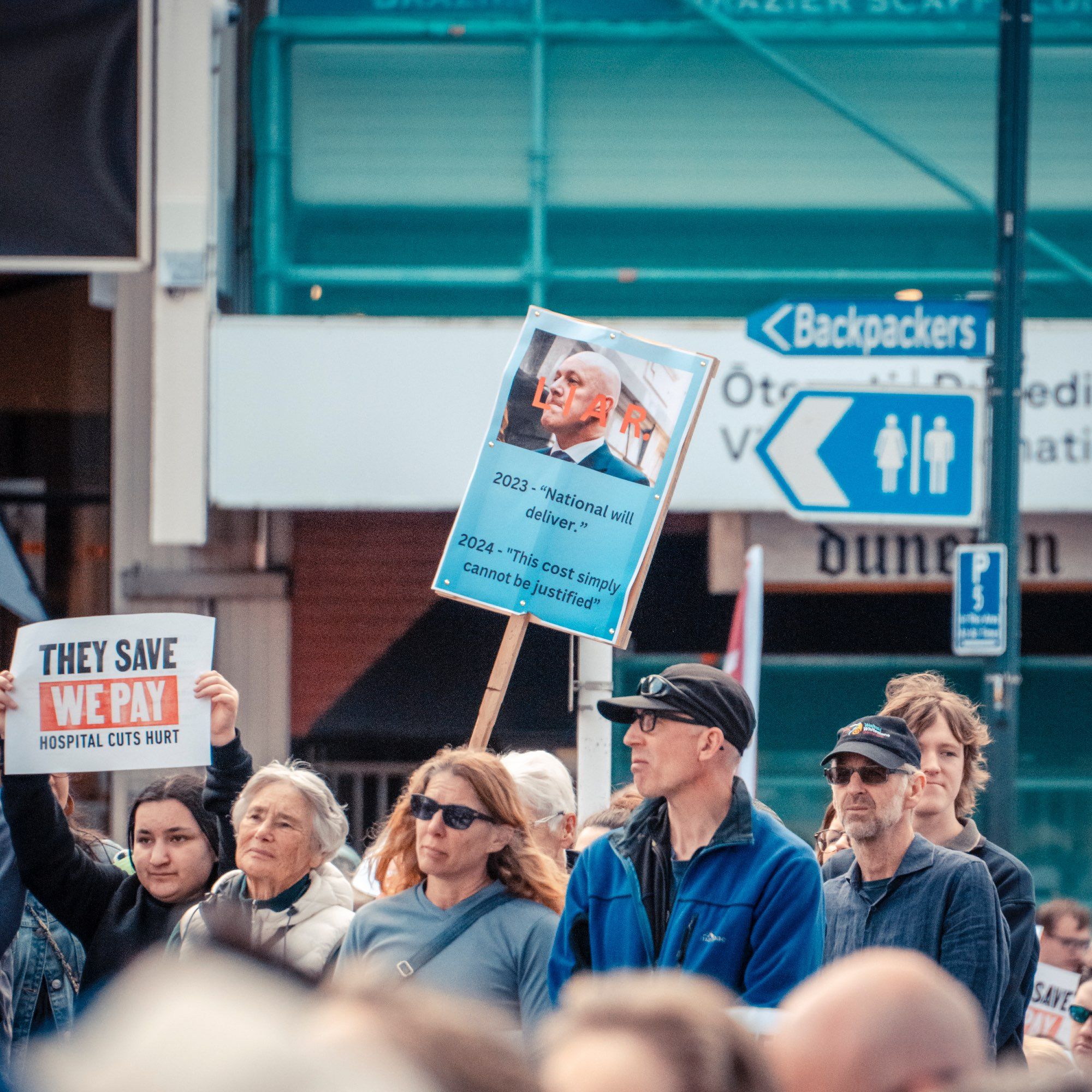 Sign reads with a picture of the Prime Minister Chris Luxon LIAR, '2023 National Will Deliver, 2024 this cost simply can not be justified'

Using National's election lies / bribes against the evil tory wankers