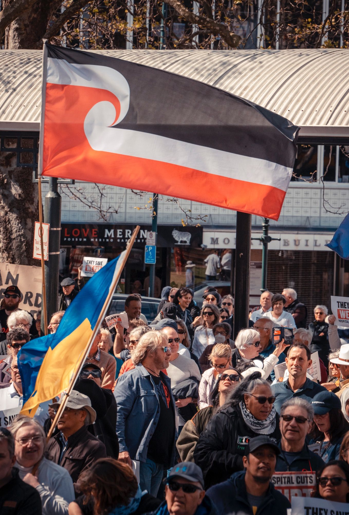 The Tino Rangatiratanga flag flying above the crowd