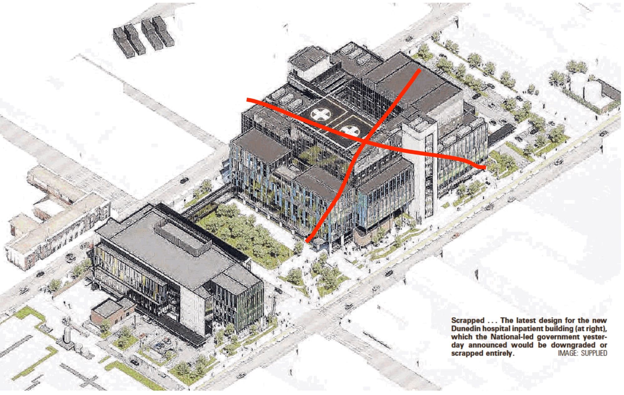 Graphic of the 2 stage Dunedin hospital with the main new building now canned