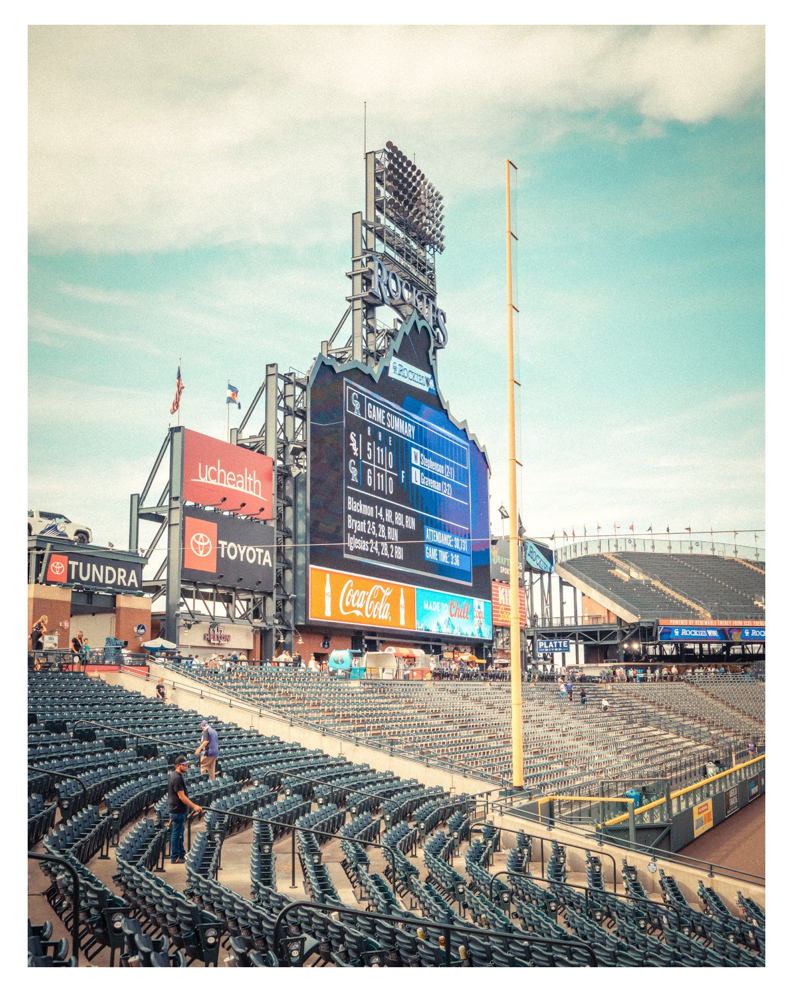 One of 2 massive score boards & flood light structures in the ball park. 

My Chicago White Sox lost 6-5 with a Rockies 9th inning rally - attendance was over 30,000 on a scorching 41°C day 1 mile high in altitude - I WAS IN HEAVEN