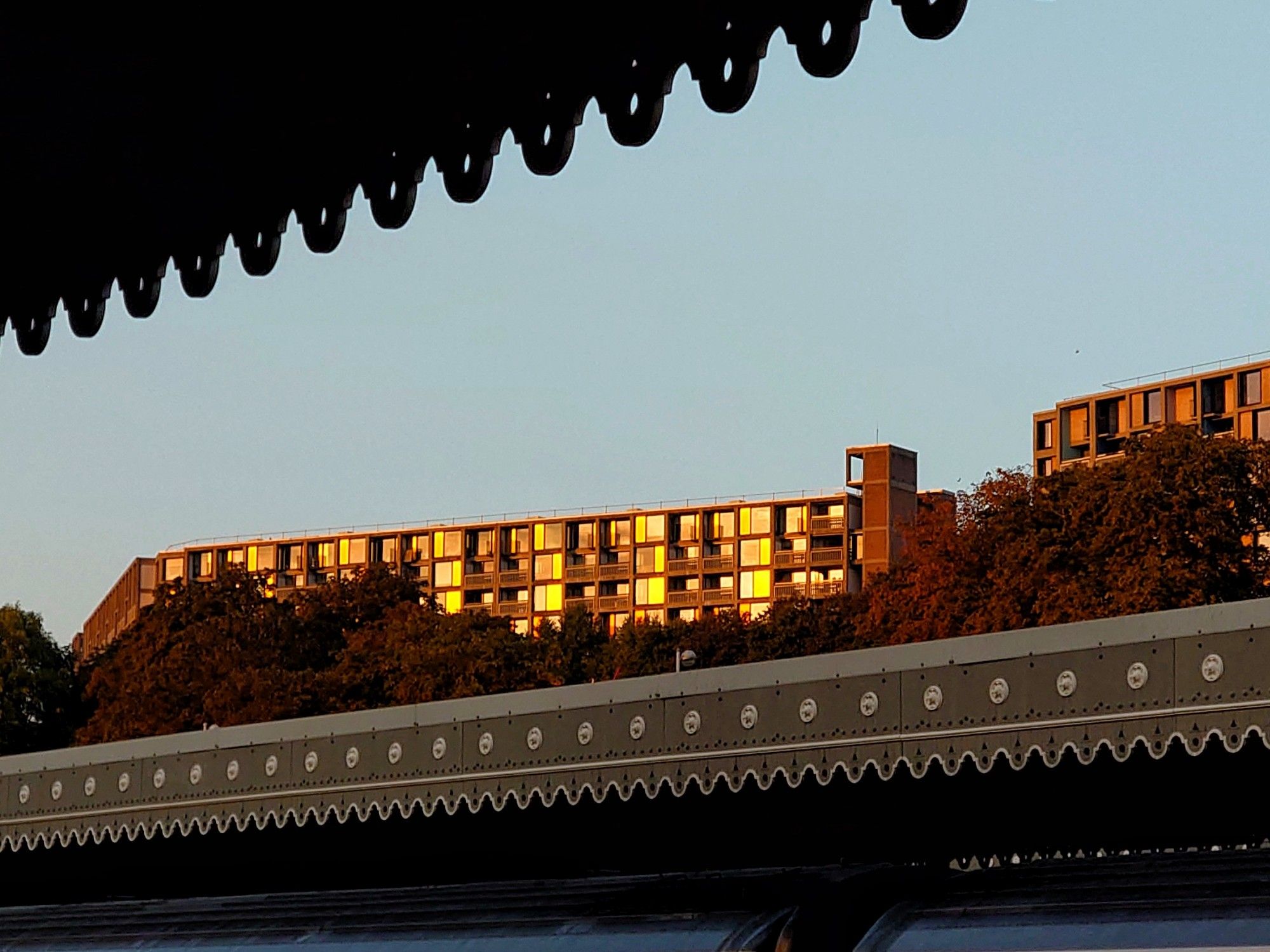 Flats with yellow fronts glow in the evening sun in Sheffield. 
The station roof creates shapes and shadows.