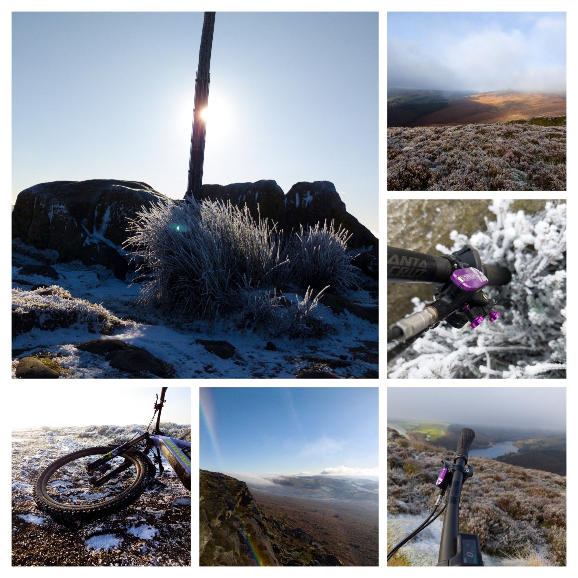 A collage of photographs showing frosty landscape and a mountain bike.