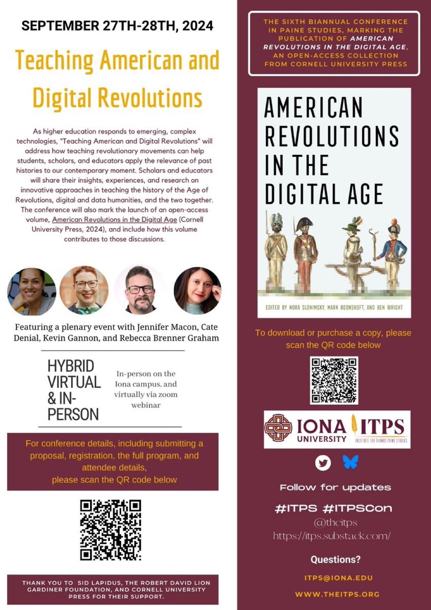 a white poster with burgundy, gold, and black lettering, with an image of a book cover, headshots, and QR codes