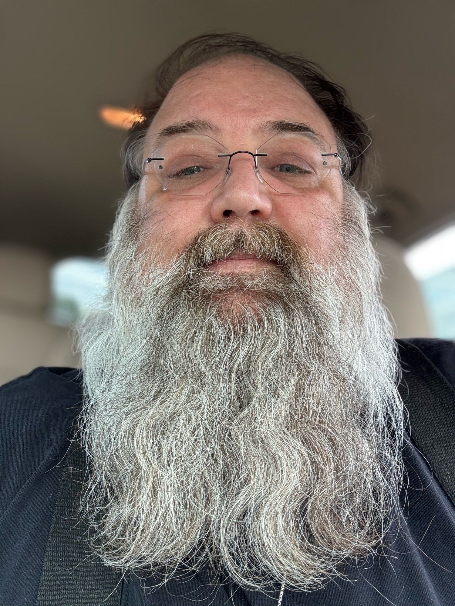 A beared white male wearing glasses.