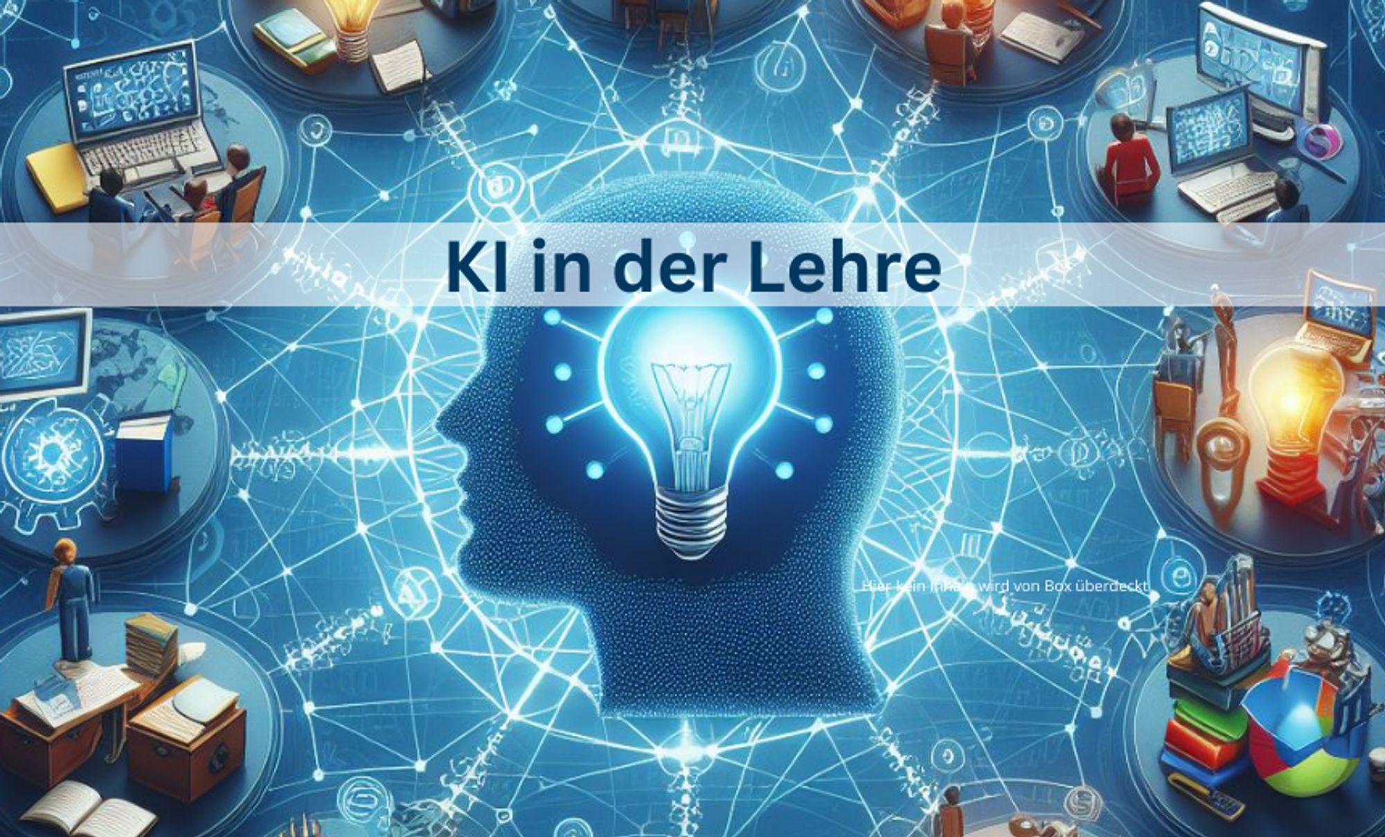 Der Hintergrund ist blau und es sind verschiedene Bilder von Computern zu sehen. In der Mitte ist ein Kopf in der Seiten Ansicht. In dem Kopf befindet sich eine Glühbirne. Oberhalb des Kopfes befindet sich ein Banner mit dem Schriftzug "KI in der Lehre"