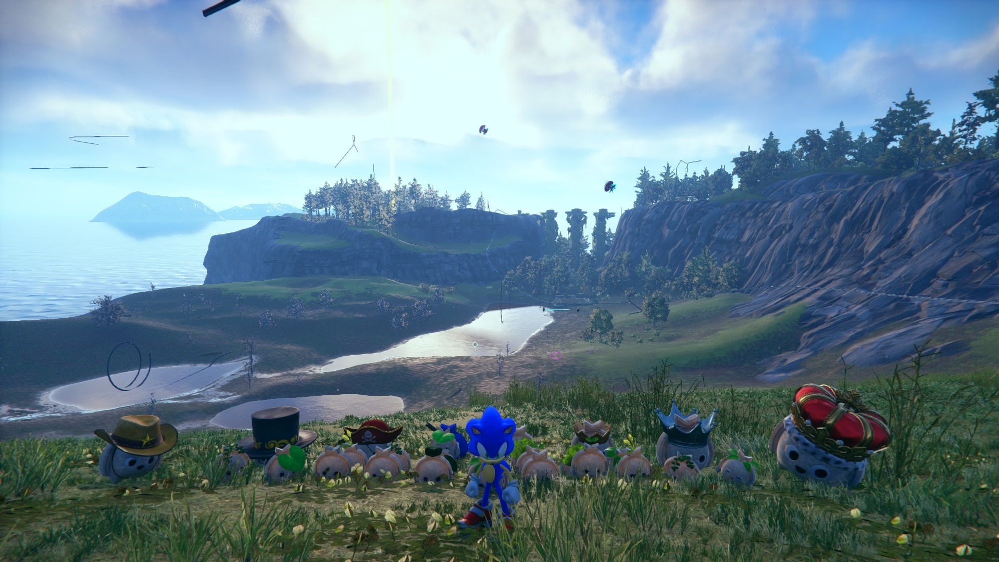 Sonic and a crowd of Koco on Ouranos Island, in Sonic Frontiers. They are in front of a picturesque landscape.