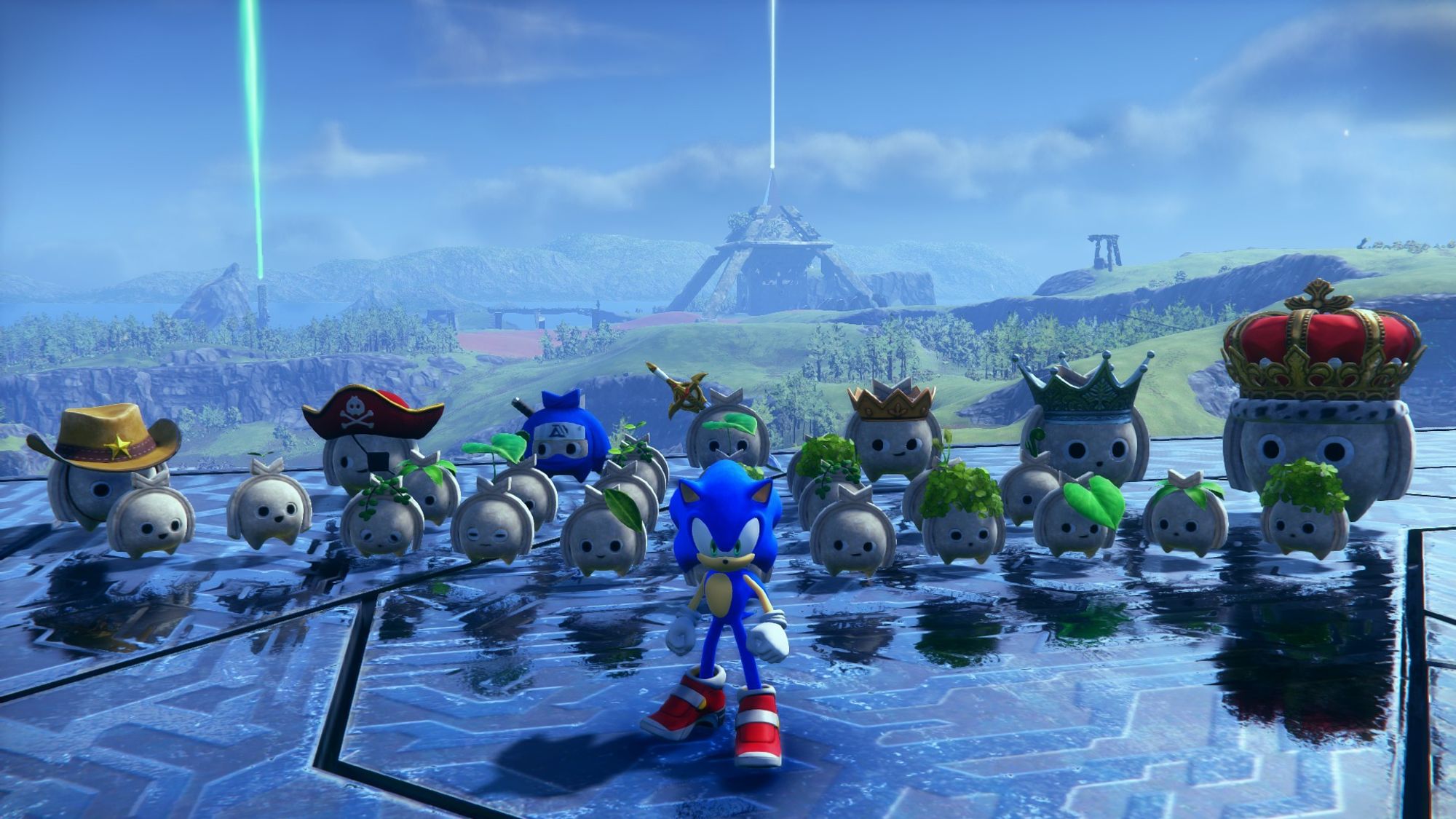 Sonic and a crowd of Koco on Ouranos Island, in Sonic Frontiers. They are atop a high-up platform, overlooking the island.