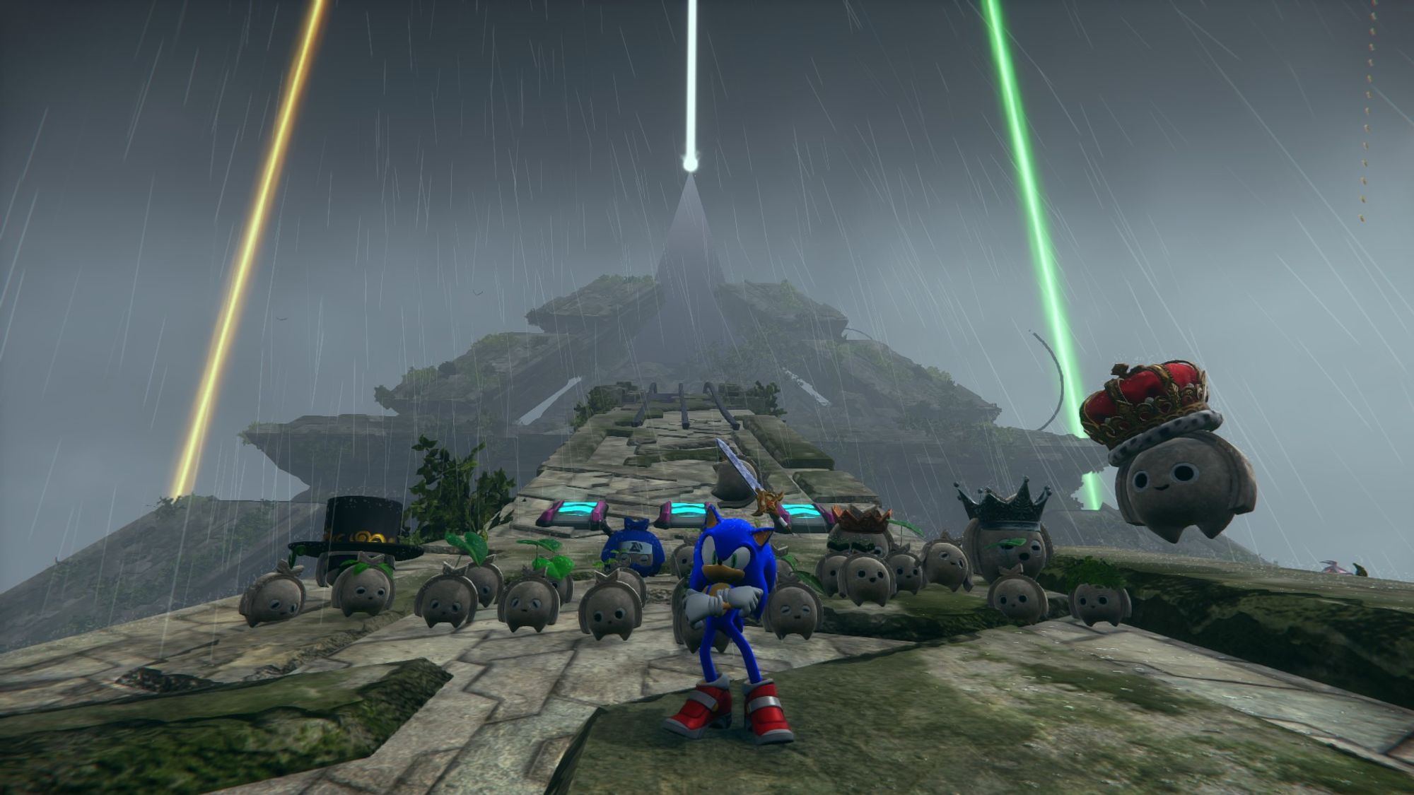 Sonic and a crowd of Koco on Ouranos Island, in Sonic Frontiers. They are in front of a giant temple.