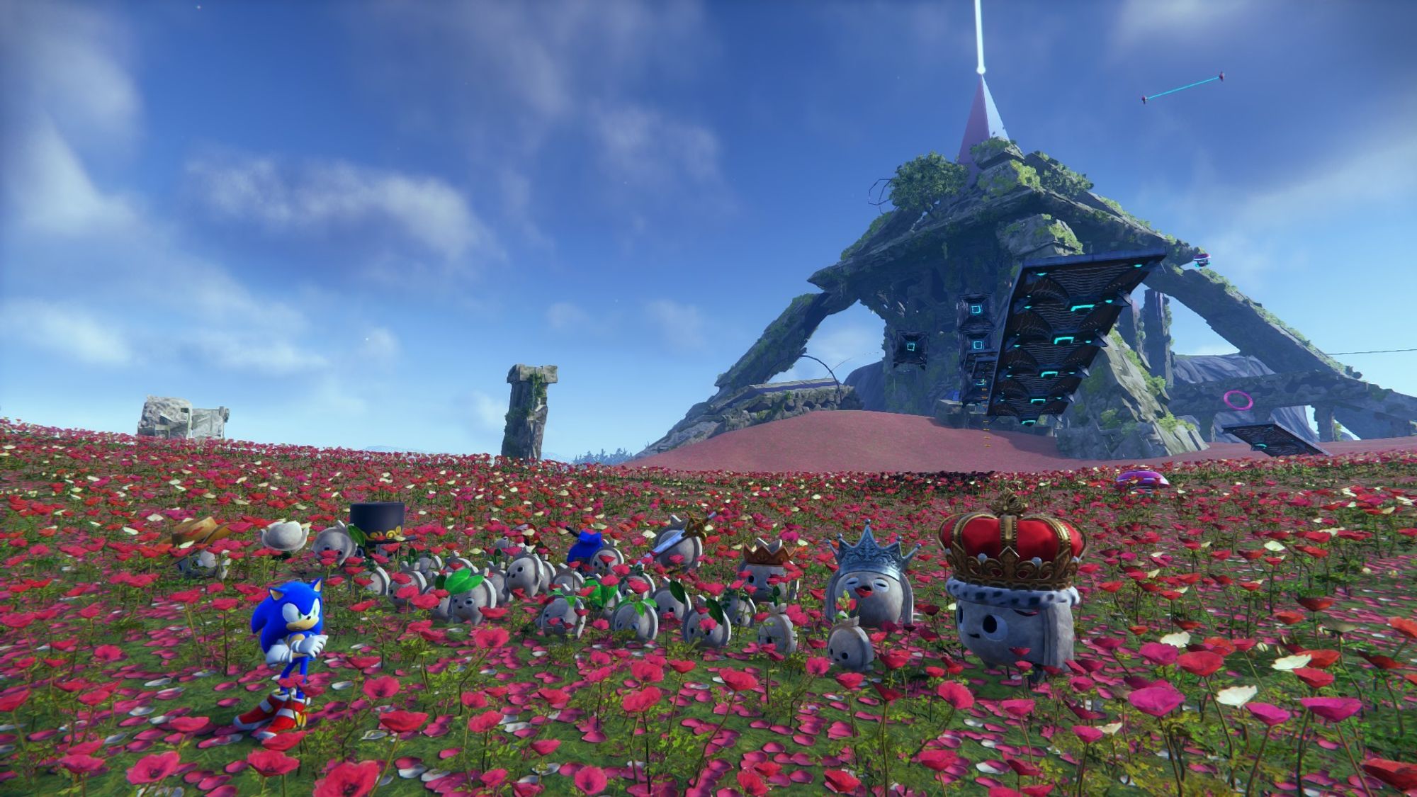 Sonic and a crowd of Koco on Ouranos Island, in Sonic Frontiers. They are in a field of flowers, with the temple behind them. Sonic is looking off to the side.