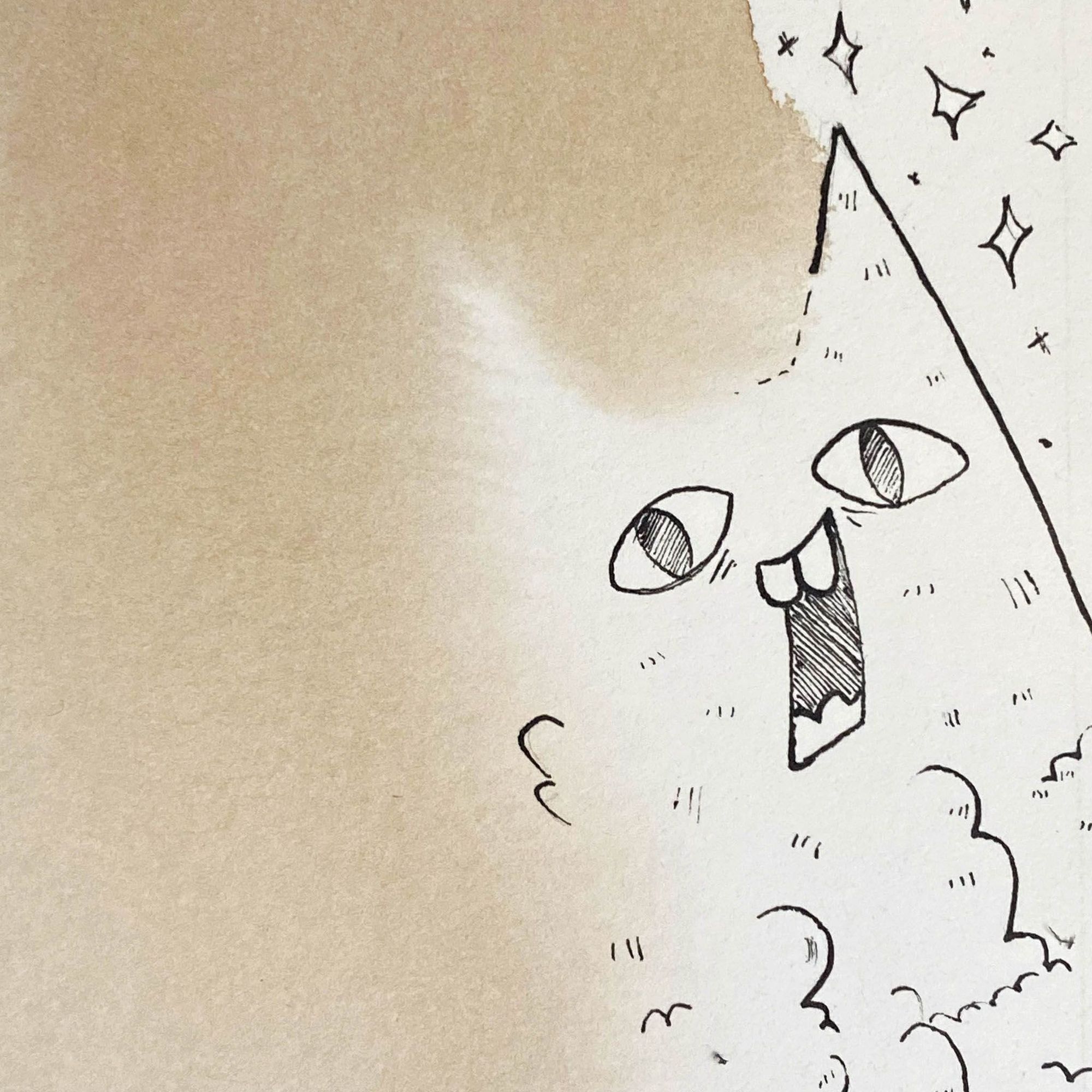 closeup of ink drawing of cryptid with cat head smiling while fading into the background