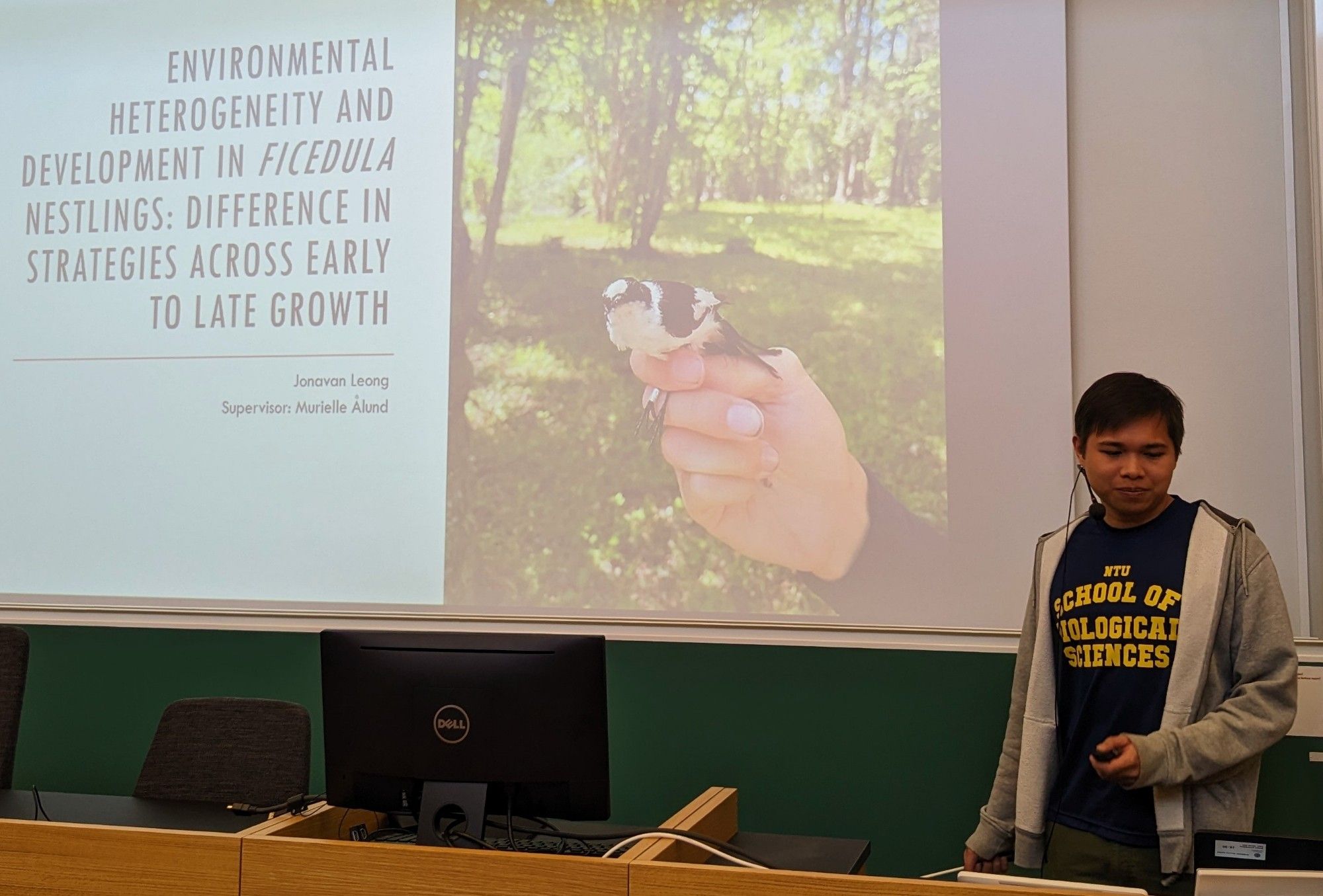 Jonavan in front of the title slide of his master presentation, that reads "environmental heterogeneity and development in Ficedula nestlings: difference in strategies across early to late growth"