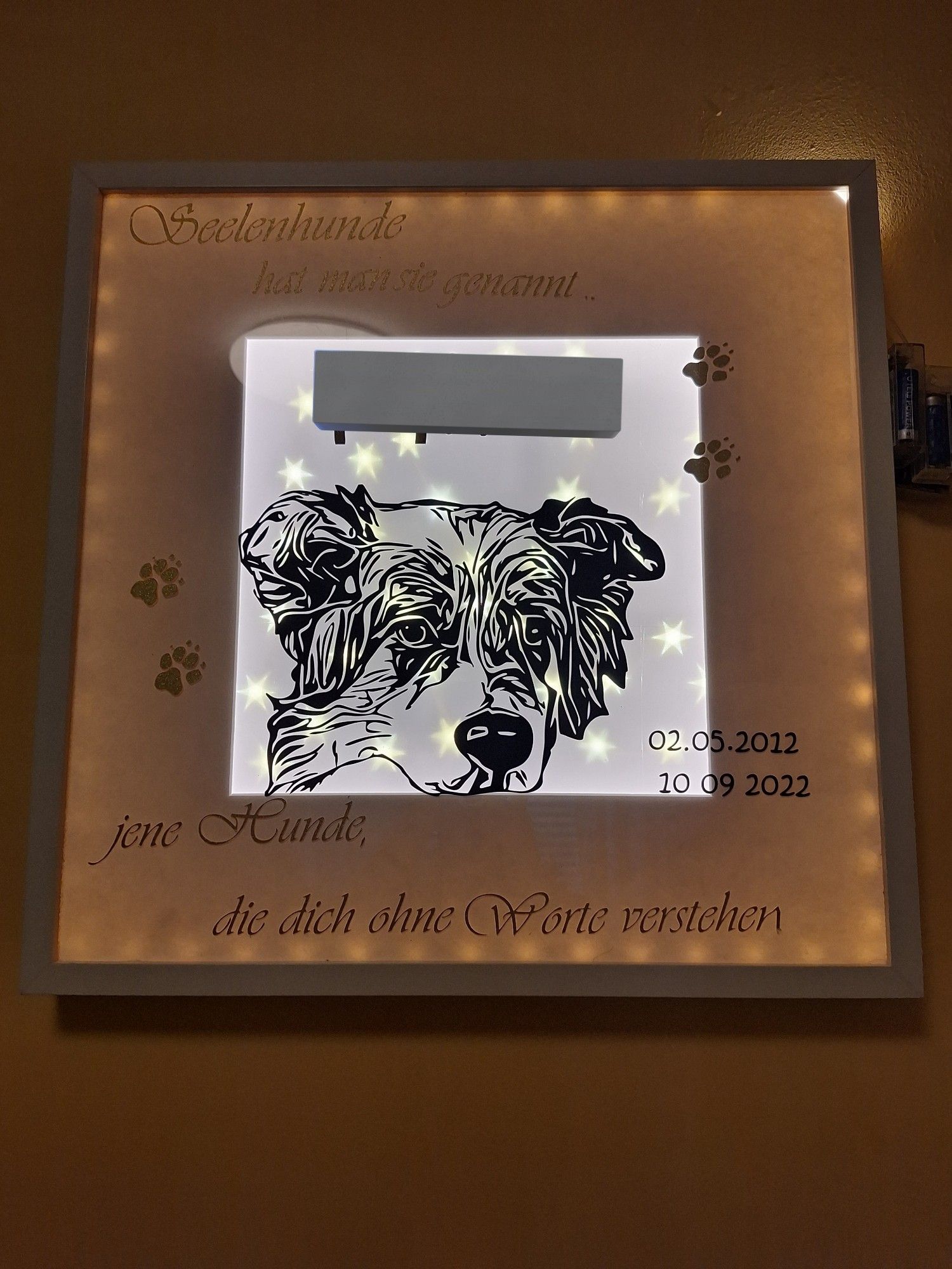 Bilderrahmen beleuchtet mit aufgeklebt Hundekopf, Sterneffekt Hintergrund und einem Spruch (Seelenhunde hat man sie genannt, jene Hunde, die dich ohne Worte verstehen). Der Name des Hundes ist mit einem schwarzen Balken abgedeckt