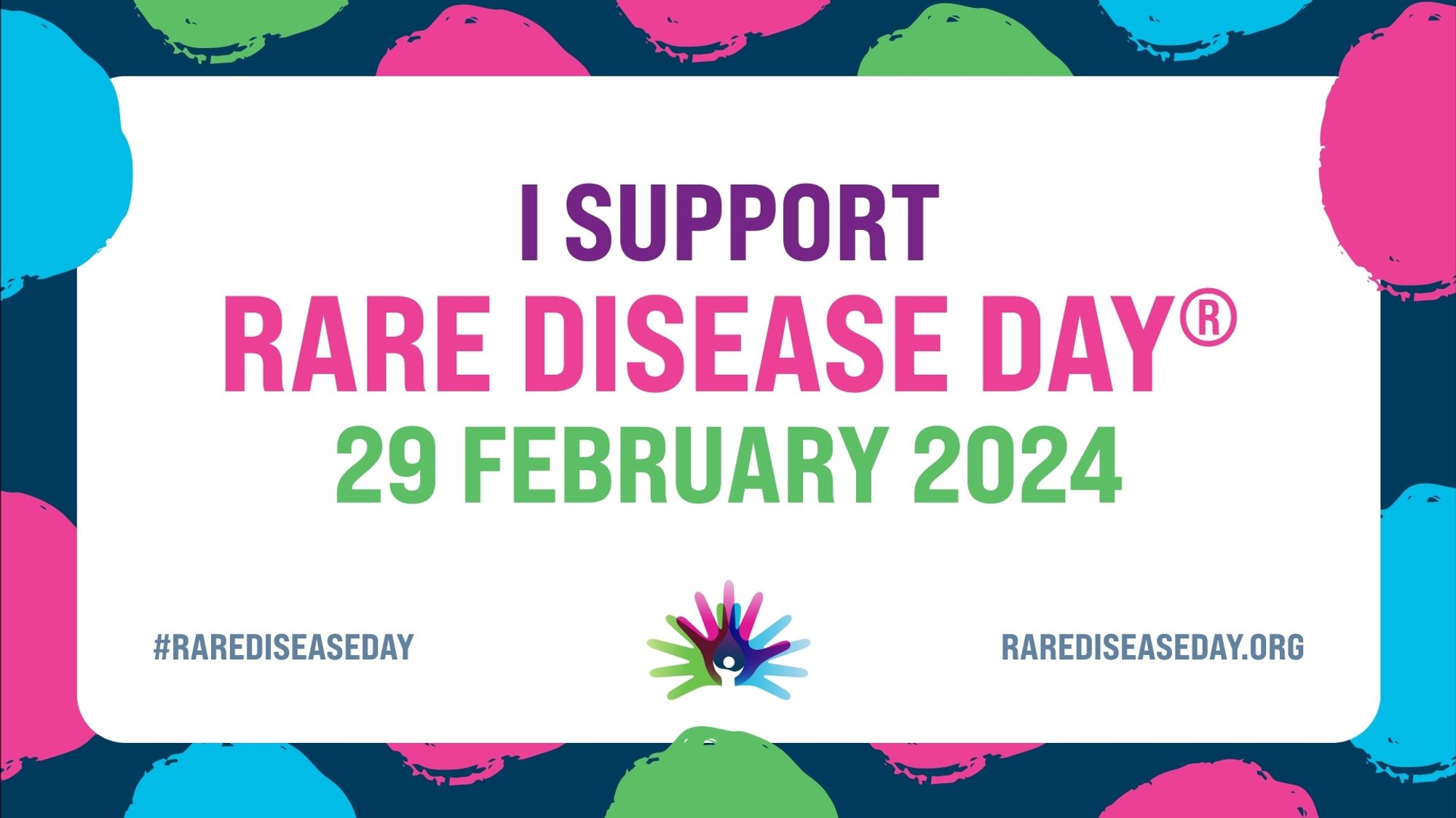 Buntes Textfeld mit der aufschrift: 
I Support Rare Disease.Day 29. Februar 2024