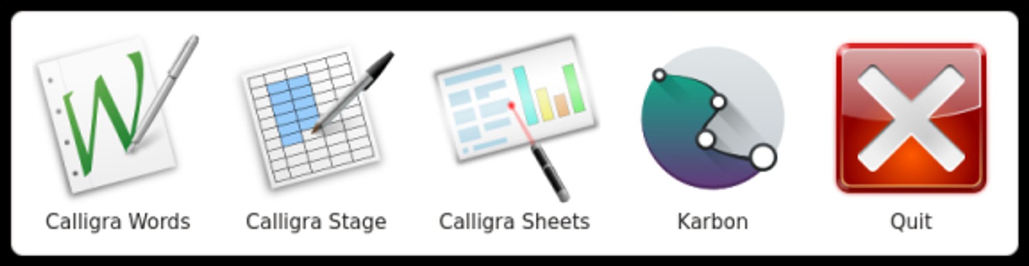 Capture d'écran de la suite bureautique Calligra montrant cinq icônes alignées horizontalement. Les icônes représentent : 'Calligra Words' pour le traitement de texte, 'Calligra Stage' pour les présentations, 'Calligra Sheets' pour les feuilles de calcul, 'Karbon' pour l'illustration vectorielle, et un bouton 'Quit' pour quitter l'application. Chaque icône est accompagnée de son nom correspondant.