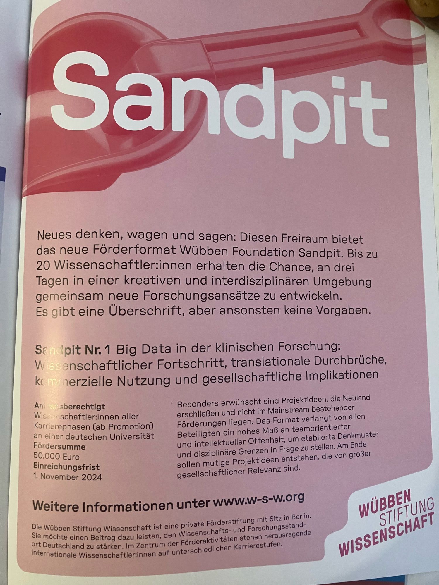 Anzeige der Wübben Stiftung Wissenschaft für die Förderlinie „Sandpit“