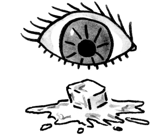 Black and white illustration of a large eye looking down on a melting cube of ice