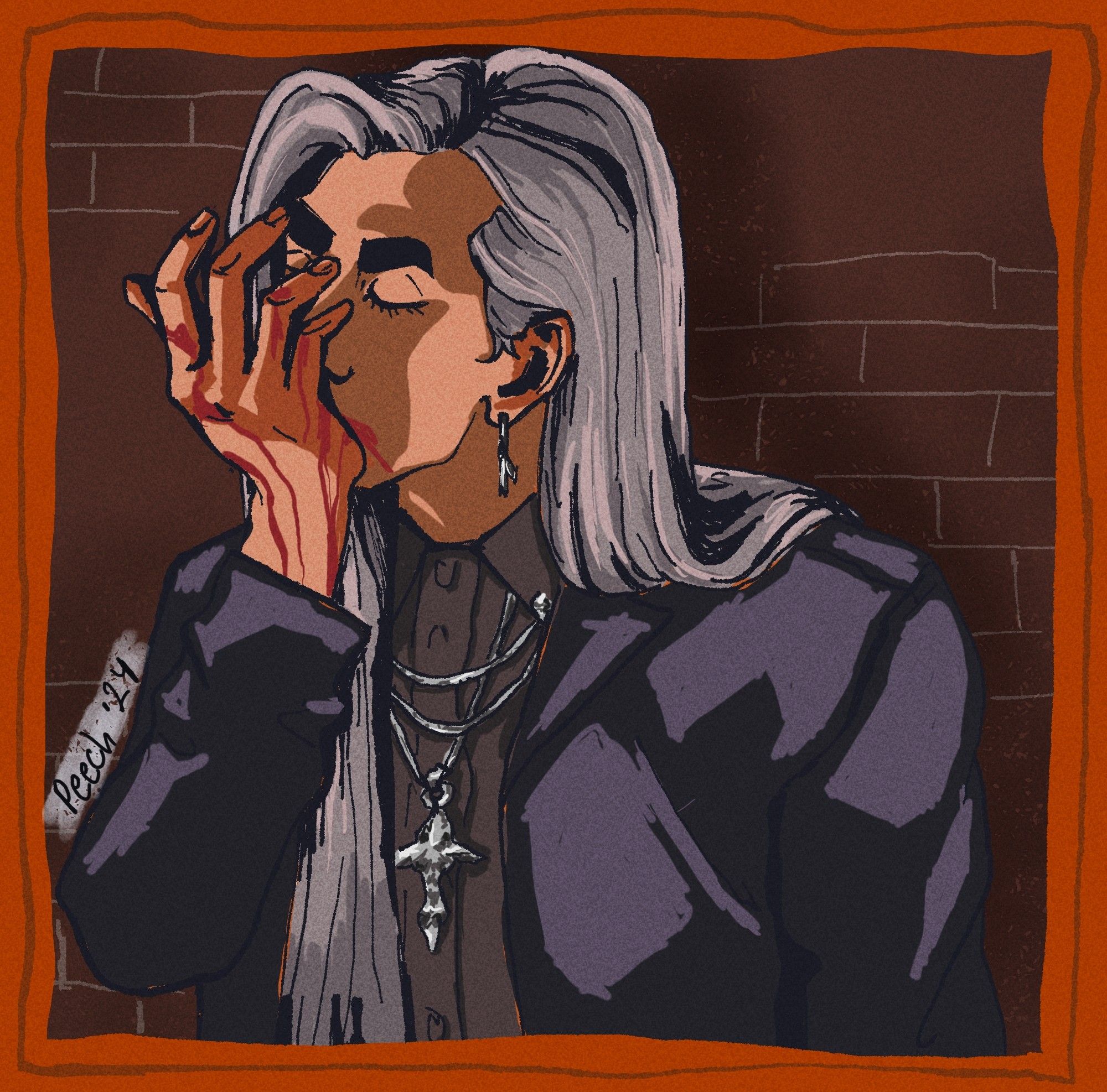 a digital illustration of my oc Kai. Kai has long white/gray hair and is wearing a leather jacket, black button up, and silver necklaces including a cool cross. Kai is holding his bloodied hand up to his mouth with his eyes closed.