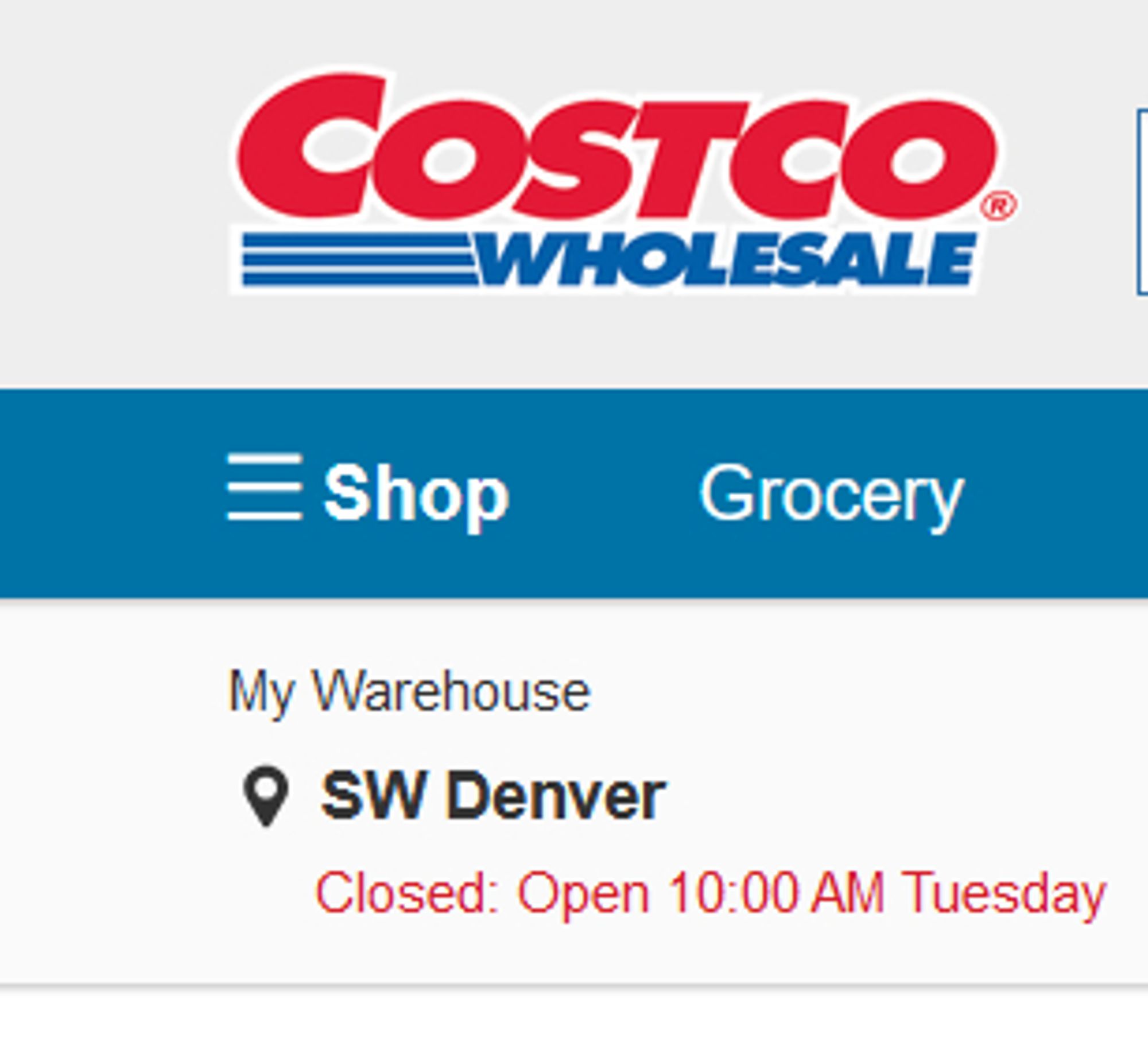 A snippet of Costco's home page showing that they next open at 10:00 AM Tuesday, thus are closed tomorrow, Labor Day