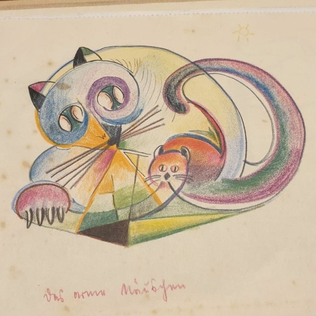 Two cats drawn with colour pens in  expressionism