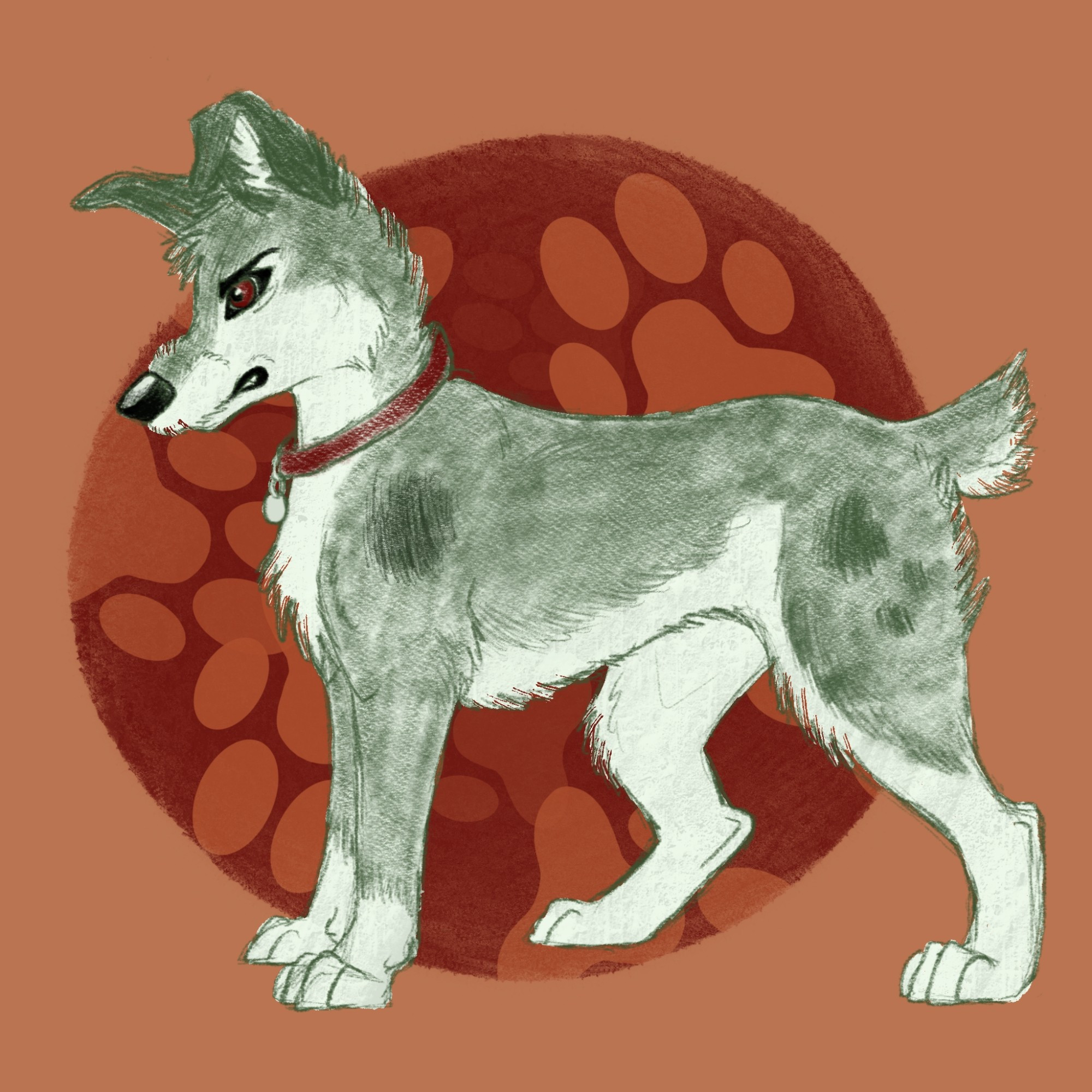 A semi-realistic drawn dog. His colours are shades of a grayish green. He is wearing a brown collar and looks very serious. The background is just a brown circle with paw prints