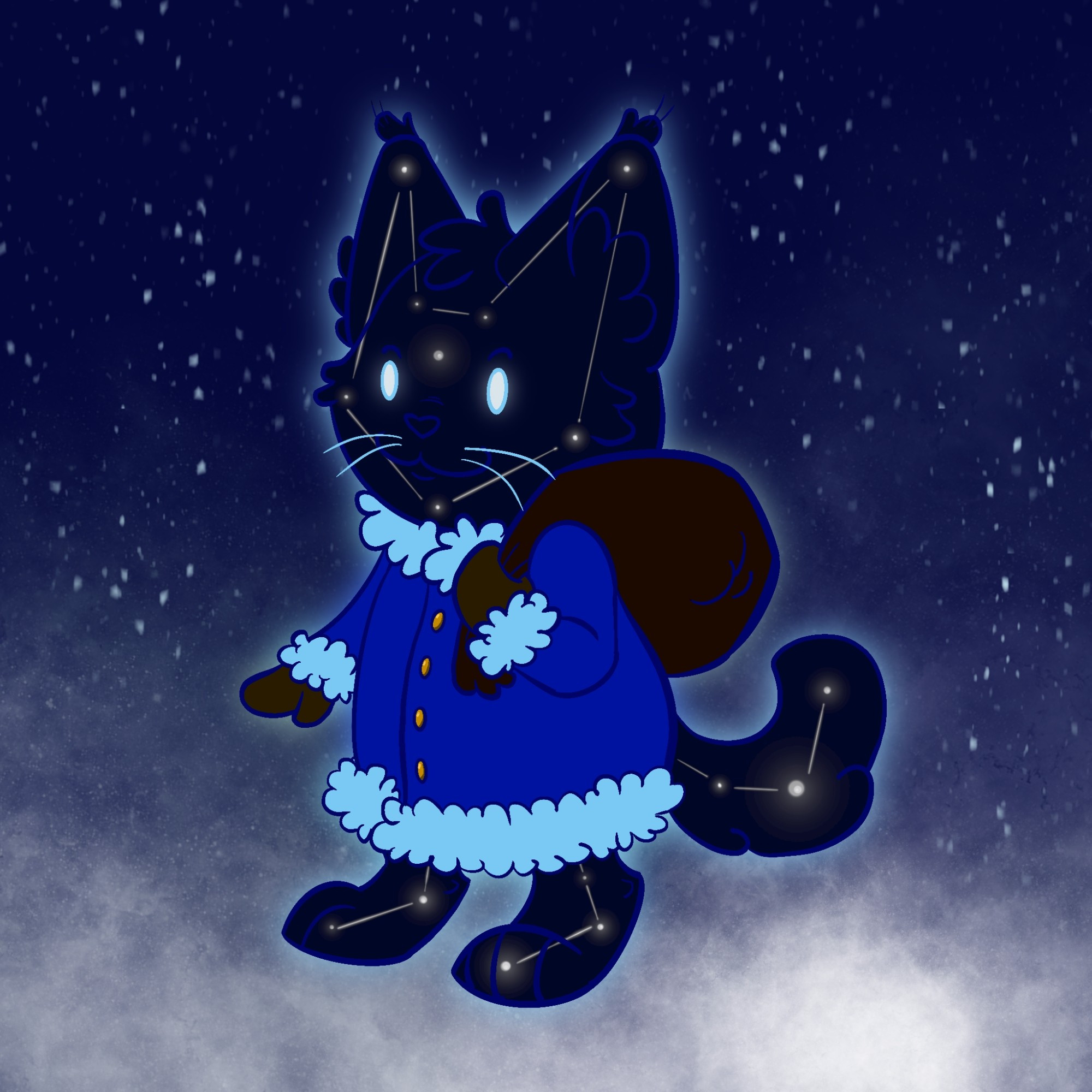 A anthropomorphic black cat with stars in their fur. They wears a blue coat with light blue fluffy applications. On their shoulder they wears a bag. The background is a dark blue sky and some snowflakes