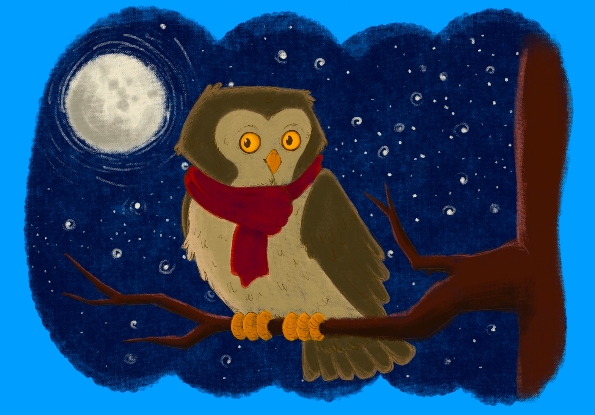 An owl sitting on a tree. It's night and you can see the full moon and a lot of stars.