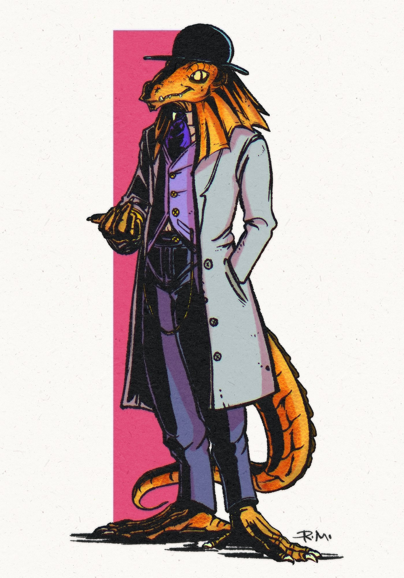 An orange anthropomorphic frilled lizard with a bowler hat wearing a grey suit coat and purple vest and pants.