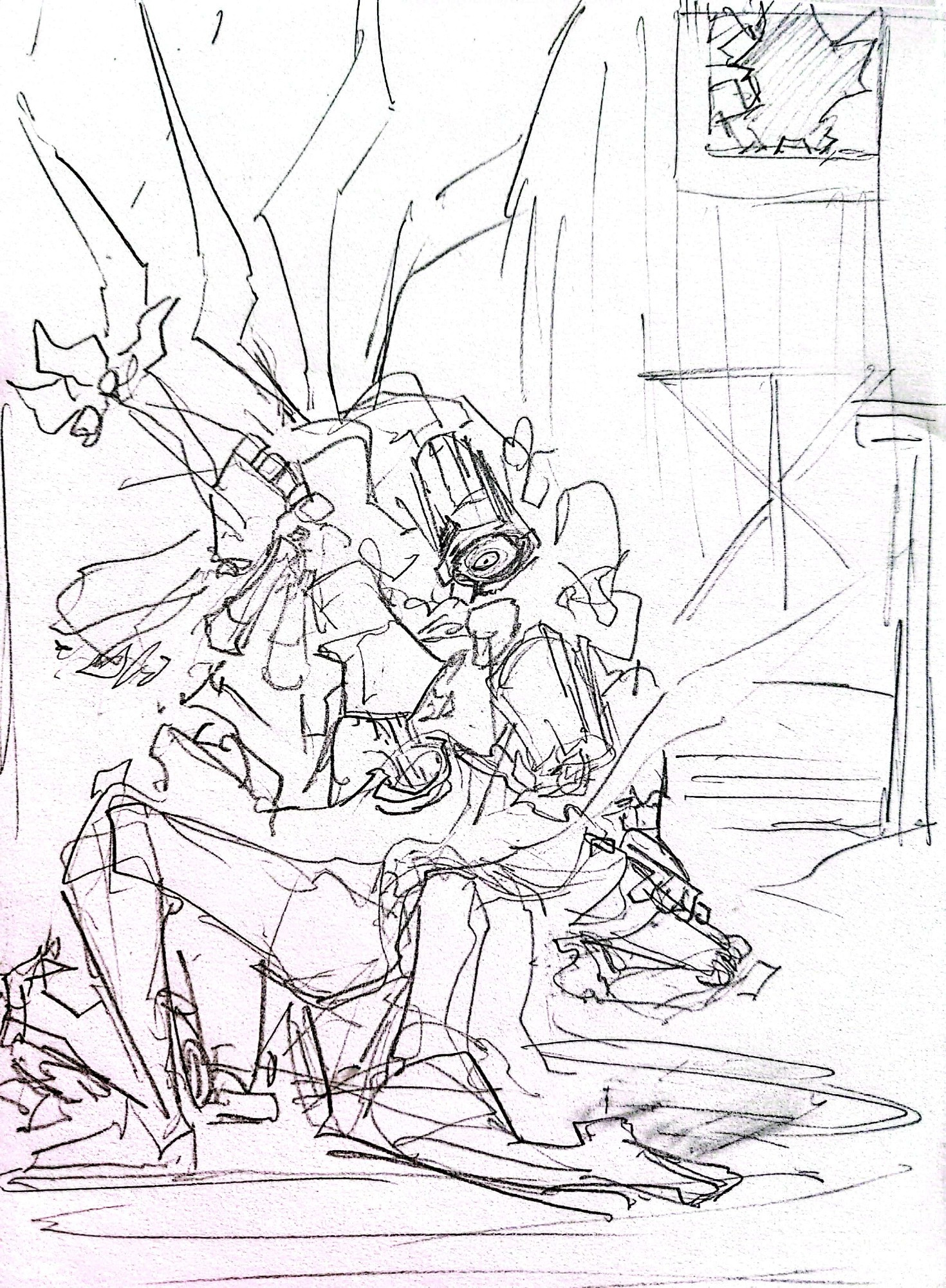 A messy sketch made with pencil on paper of V1 and V2 from Ultrakill fighting. V1 is looking into V2's optic as it rips V2's arm from its socket. 