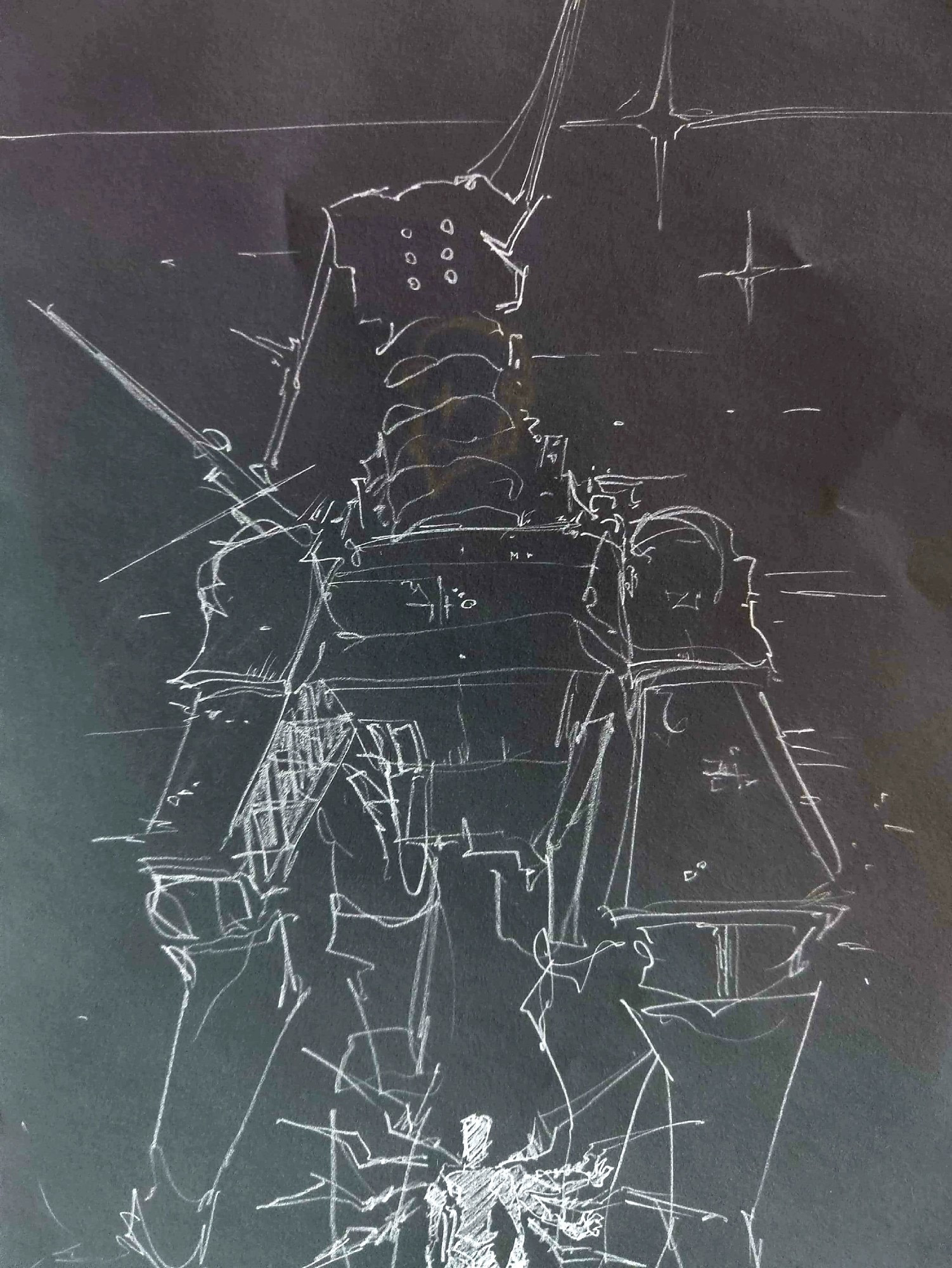 An inverted pencil on paper sketch of V1 standing under an earthmover from ultrakill. It towers over V1 in a similar fashion to the start of the Ultrakill level 7-4 "Like Antennas to Heaven"