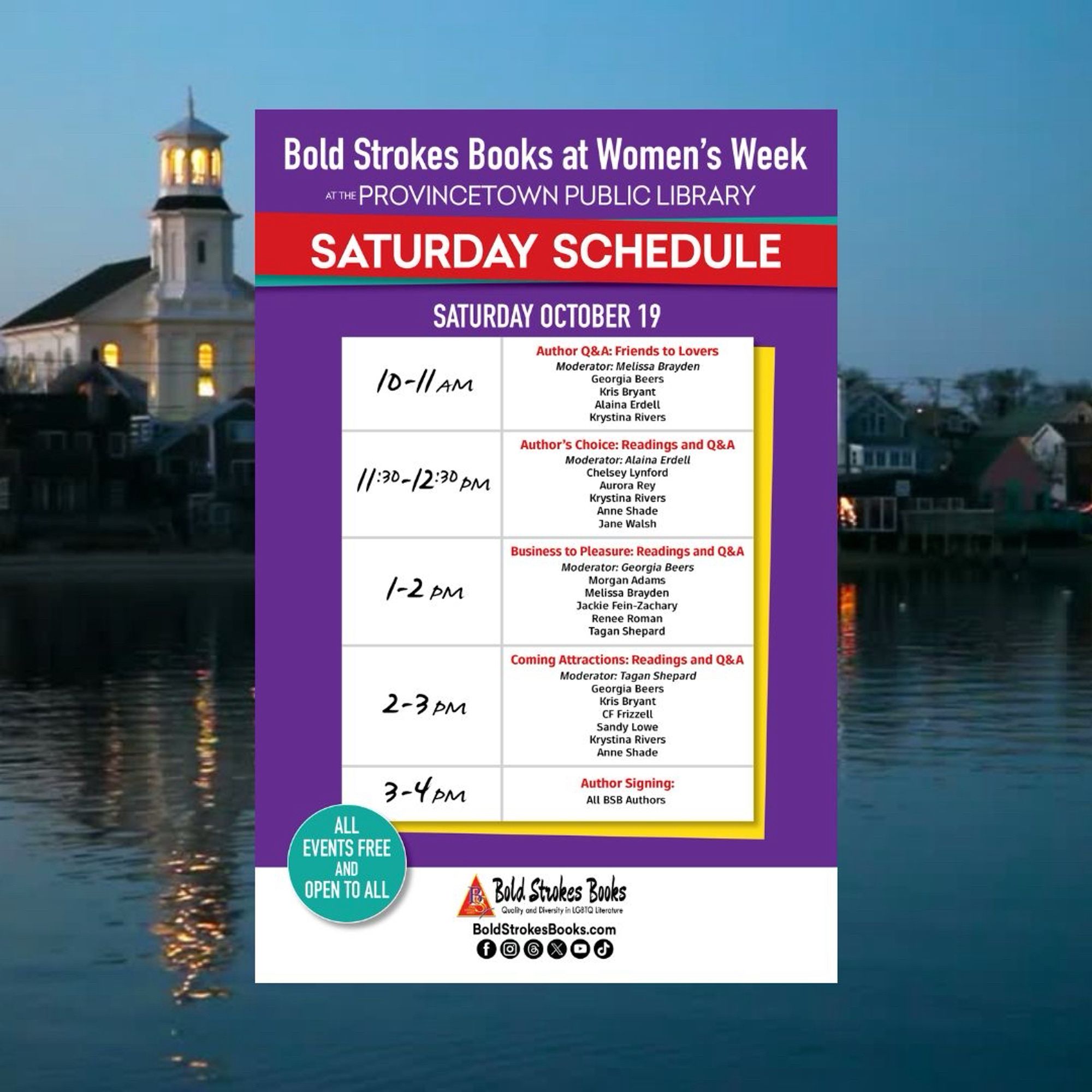 The schedule for Saturday, October 19 including a reading and signing by yours truly