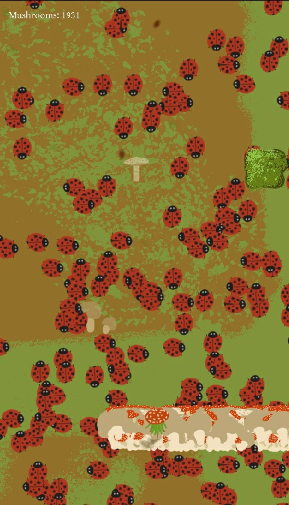 Green/brown background with dozens of ladybugs, and a solid block of mushroom sprites, with small mushroom character at the bottom. Count of mushrooms shows as 1931