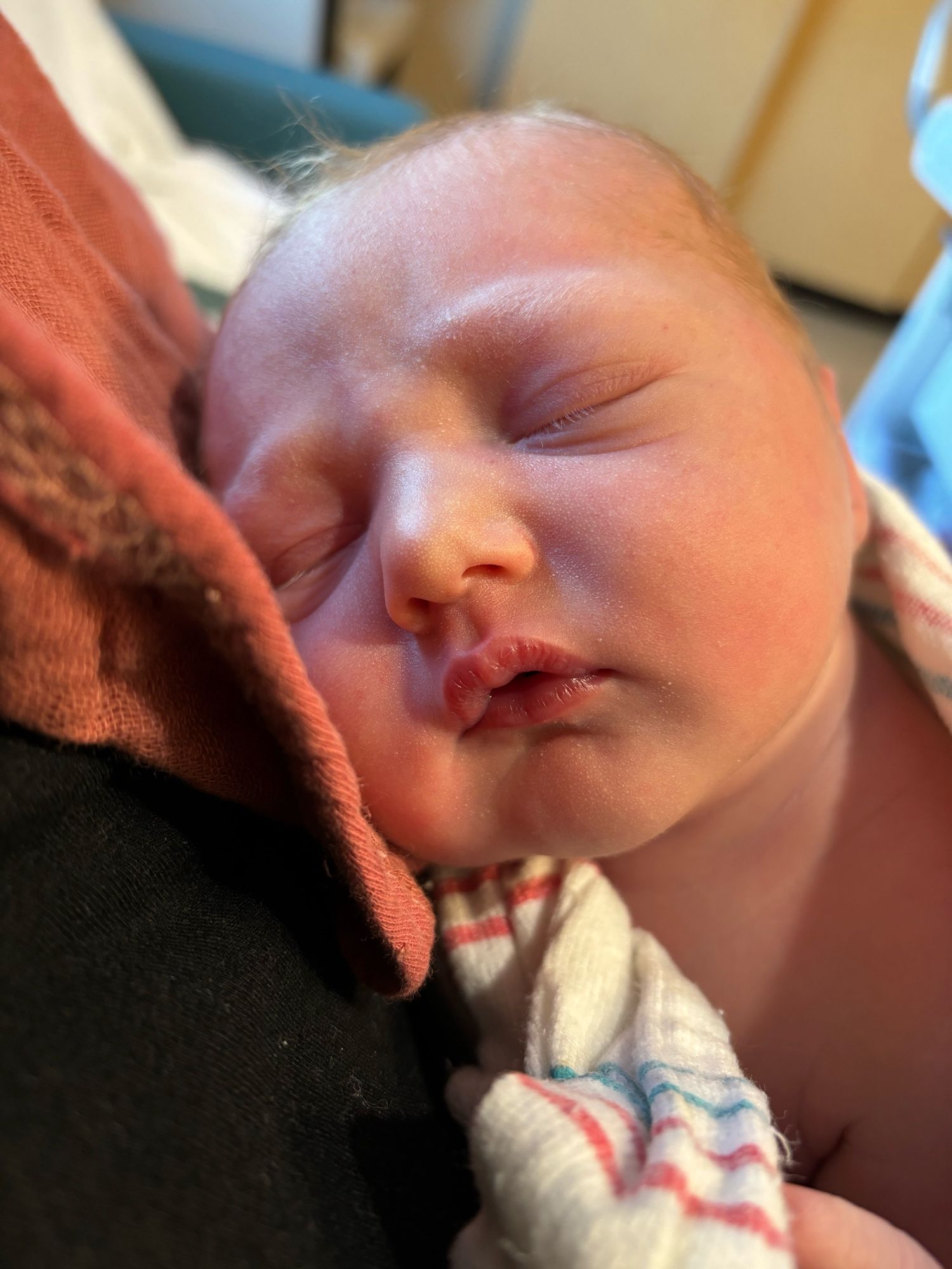 A new baby with pudgy cheeks sleeping on her grandma