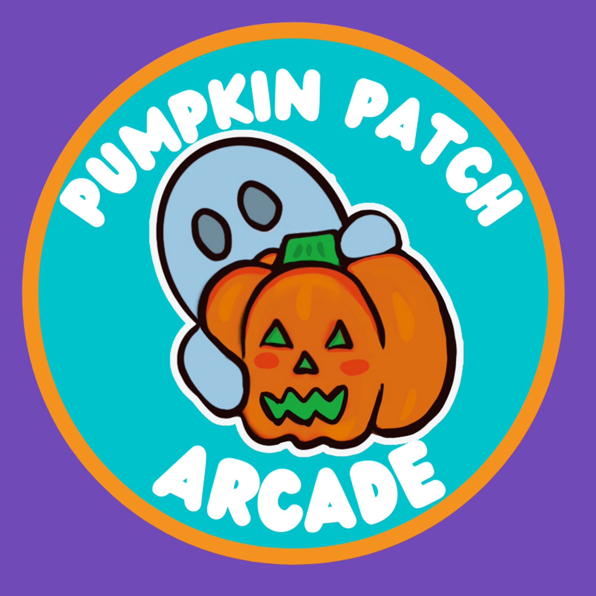 a profile logo for Jinx Peregrine's Steam curator page The Pumpkin Patch Arcade. there is a cartoon ghost hiding behind a orange jack o'lantern on a turqoise back ground. The words pumpkin patch arcade are in white bubble font around the central art.