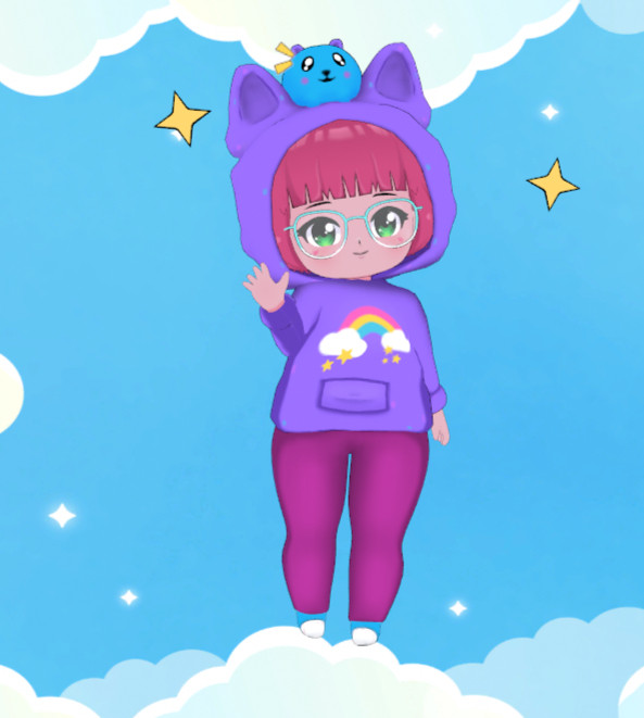 Jinx's vtuber who's wearing a purple hoodie with a pan pride rainbow arch with sparkles and dog ears, magenta leggings and blue converse like shoes. Fae is waving while standing on a white cloud in front of a sky blue back ground with sparkles around faer. There is a blue blob shaped dog with purple ears sitting excited on top of Jinx's chibi vtuber head.