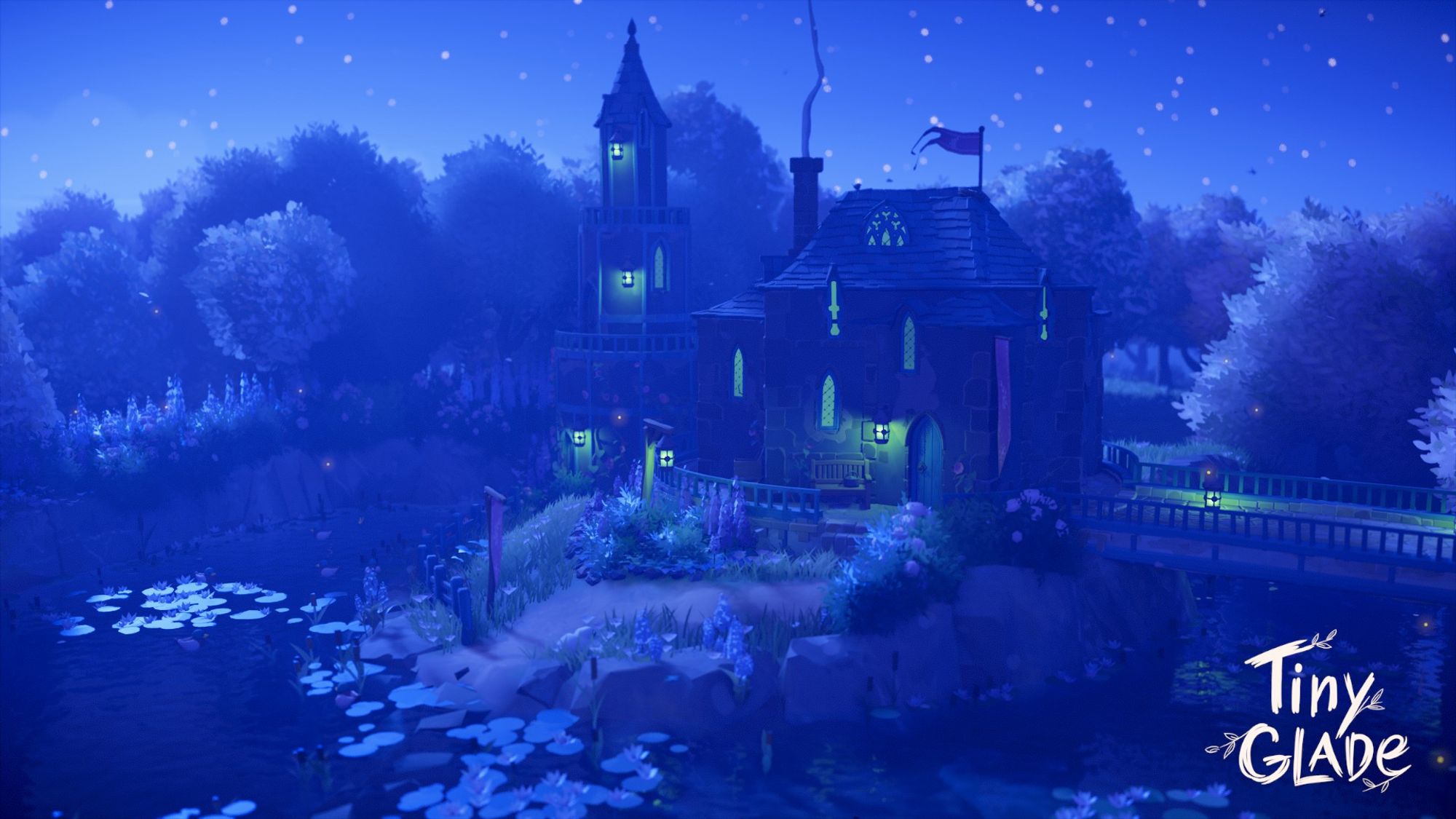 a screenshot of a alchemist themed house build in the game Tiny Glade. The main house stands in the middle of a lake (or adorable moat). It is mainly consistent of two cubes of rough stone walls intersecting at an angle, giving it an eight pointed star shaped footprint. It is raises from the small island via a stone foundation that doubles as a round porch which then stretches off to the right into a bridge that crosses the moat, ending in a platform which carries a tiny square house. To the left of the main house, slightly lower on the island sits a round tower, the three stories of which become progressively smaller in diameter, like a wedding cake. It it topped by a pointy roof. The whole scene is captured from an elevated vantage point across the field opposite the island and it is twilight, almost night. The windows and lamps are lit in an eerie green light.